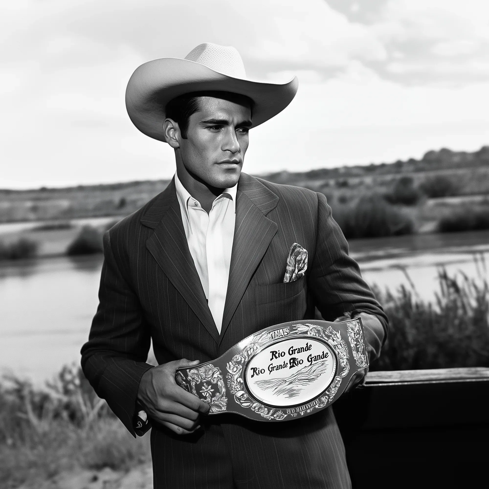 Black and white portrait of a man in a pinstriped suit and cowboy hat holding a "Rio Grande" wrestling championship belt, standing before a rural landscape.