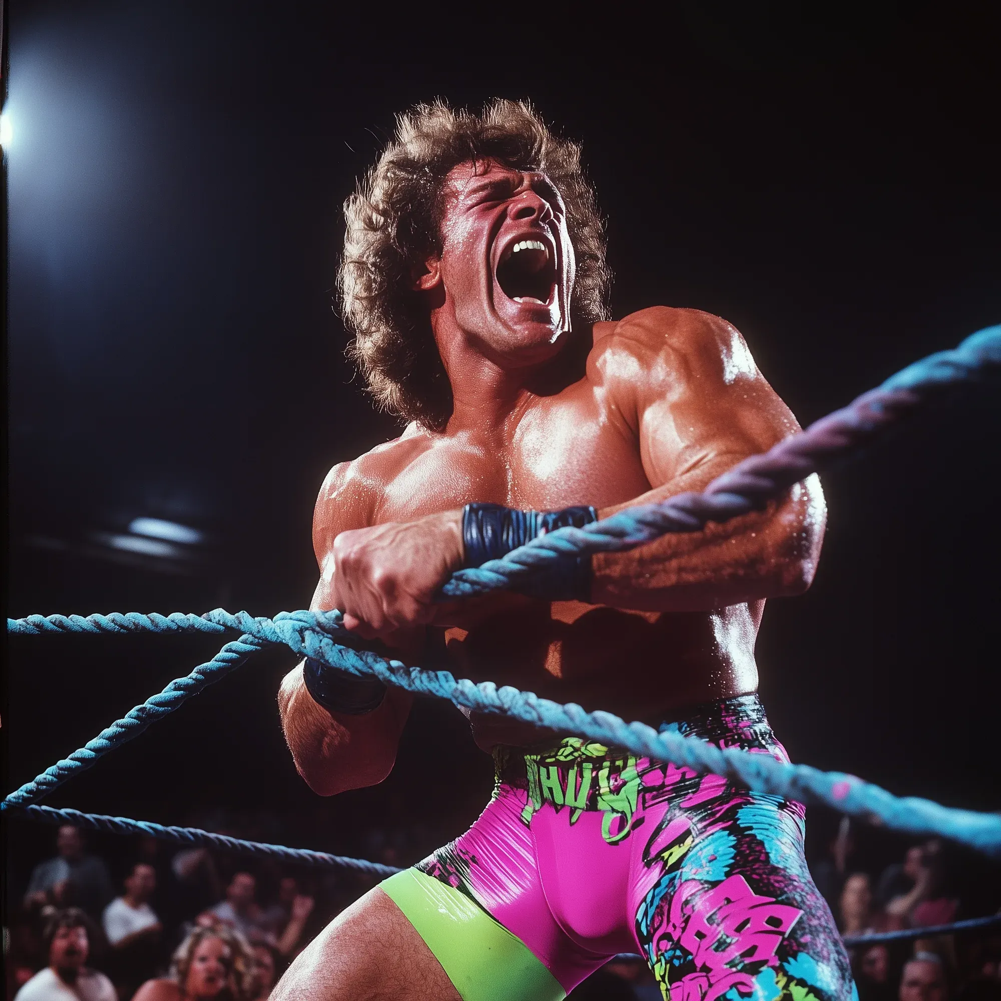Felix Frenzy roars in the wrestling ring wearing vibrant neon pink and lime green patterned trunks, gripping the blue rope with an intense expression.