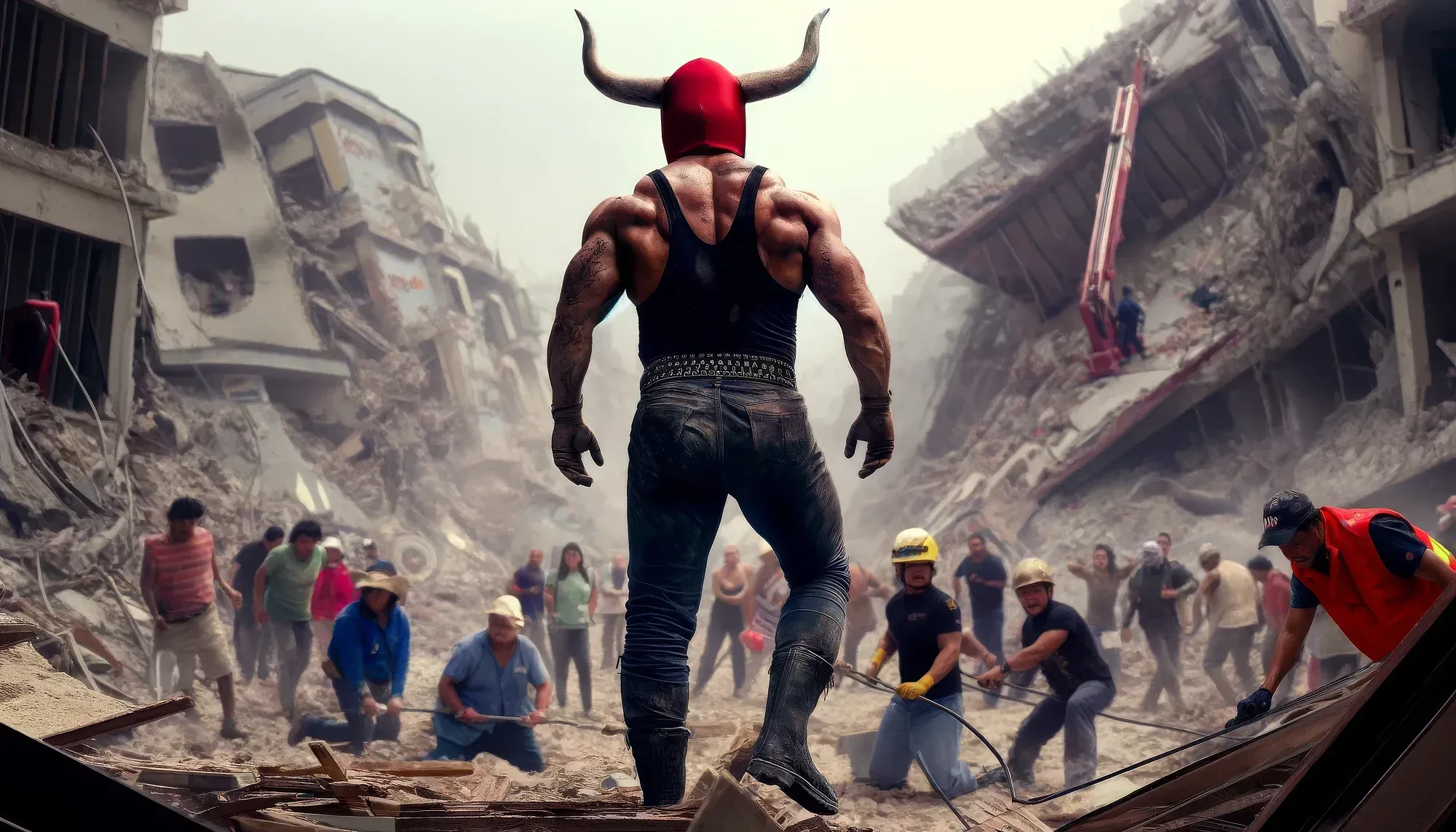 Marco Valdez stands in a red horned helmet and black tank top amid rubble and workers in a devastated urban setting.