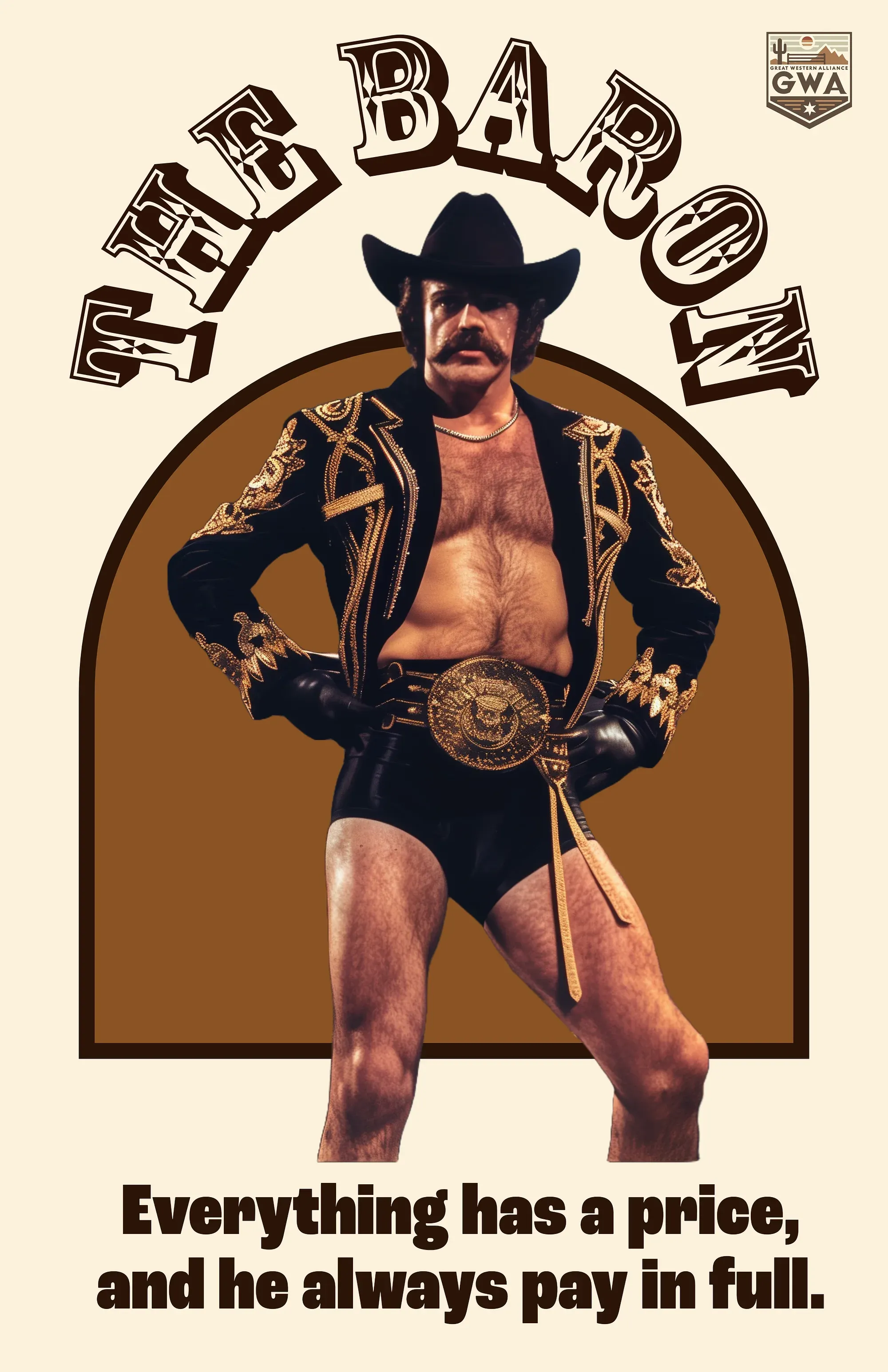 Wrestler in black and gold embroidered jacket and belt stands with hands on hips wearing a black cowboy hat, with "The Bad Guy" text arched above.