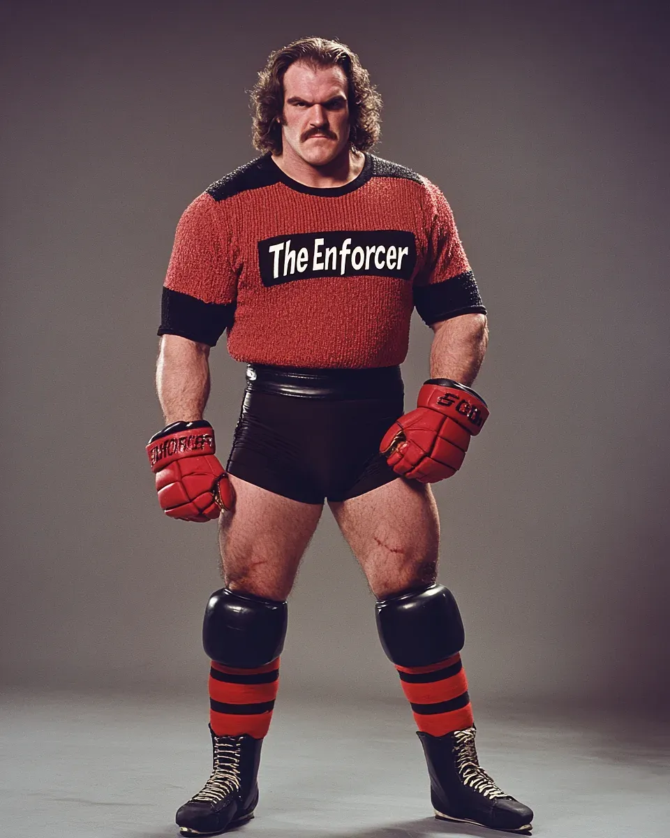Jacques LeBlanc in red and black wrestling attire with "The Enforcer" shirt, red gloves, and knee pads, posed in a wide stance against a gray background.