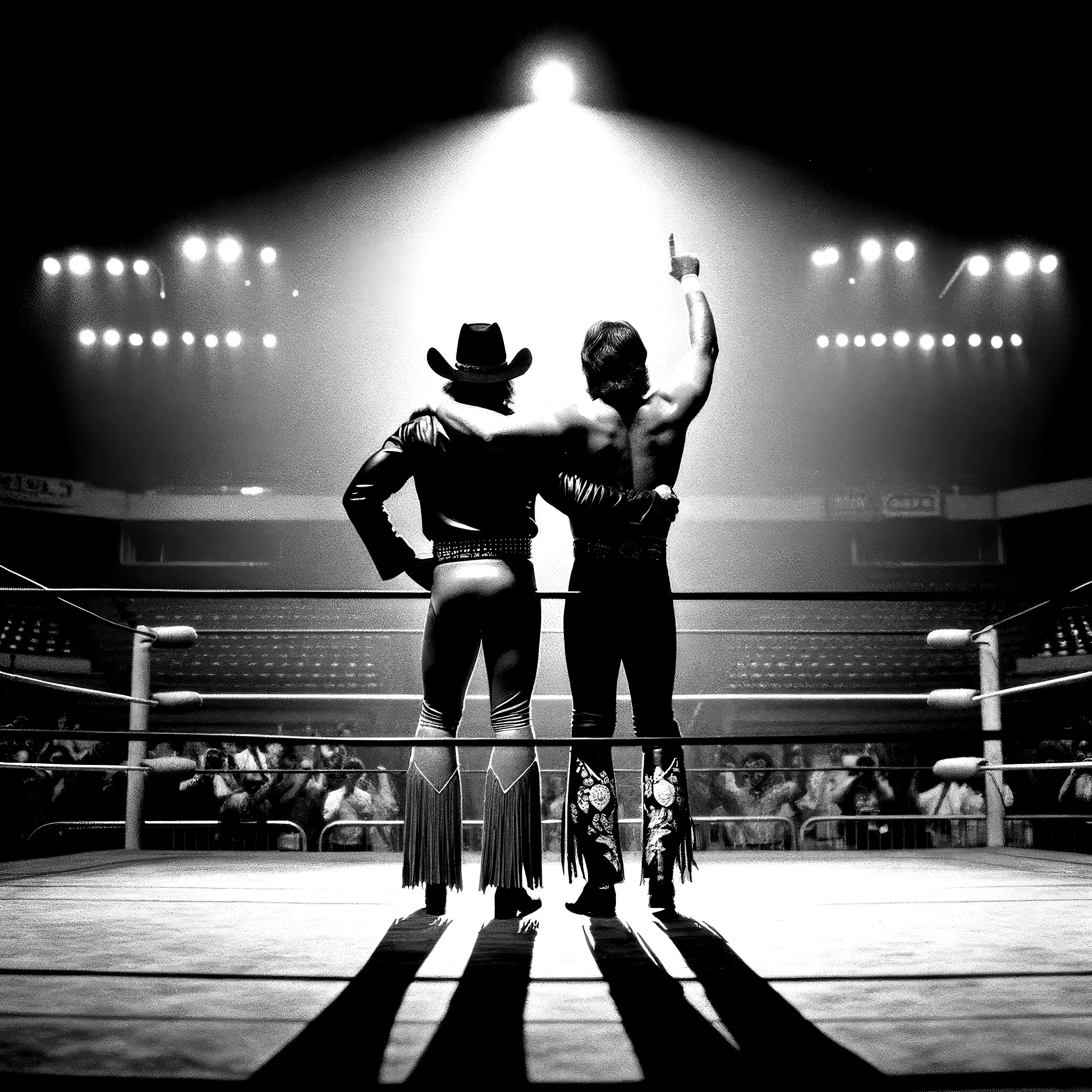 Two wrestlers in cowboy hats and fringed attire stand together in a lit wrestling ring, raising their fists in victory.