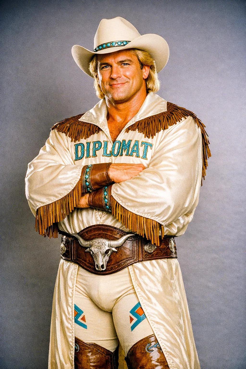 Hank Remington in cream-colored wrestling attire with fringe and turquoise embroidery, wearing a cowboy hat and ornate belt buckle, arms crossed in a confident pose.