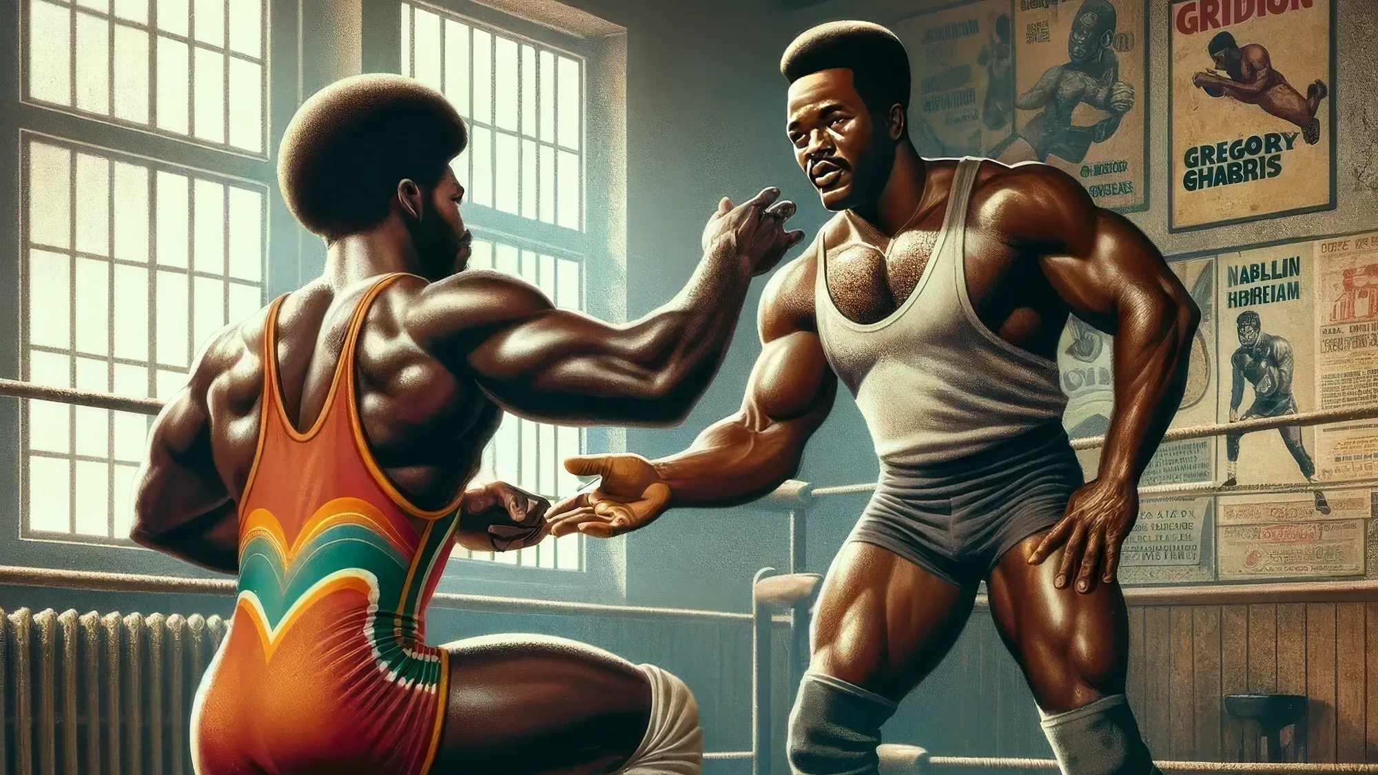 Two muscular wrestlers face each other in a vintage gym, one in an orange and teal singlet, the other in a white tank top, with 1950s posters on the walls behind them.