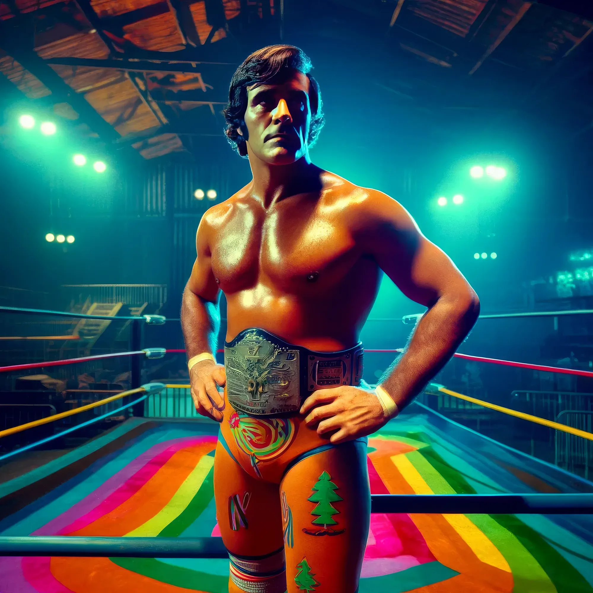 Redwoods Jack Carson stands shirtless in a wrestling ring wearing a championship belt and patterned trunks, lit by green stage lights.