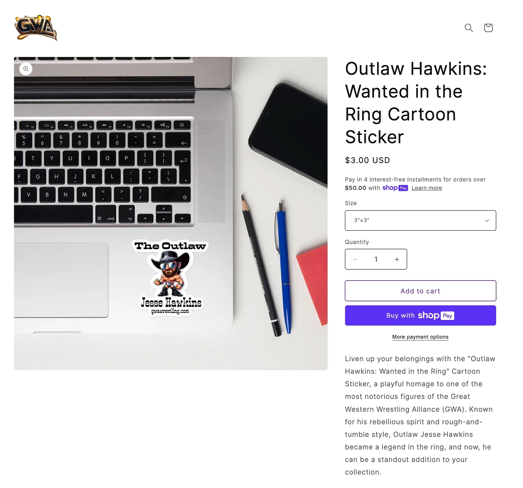 Laptop displaying Outlaw Jesse Hawkins cartoon sticker next to pencils and smartphone.