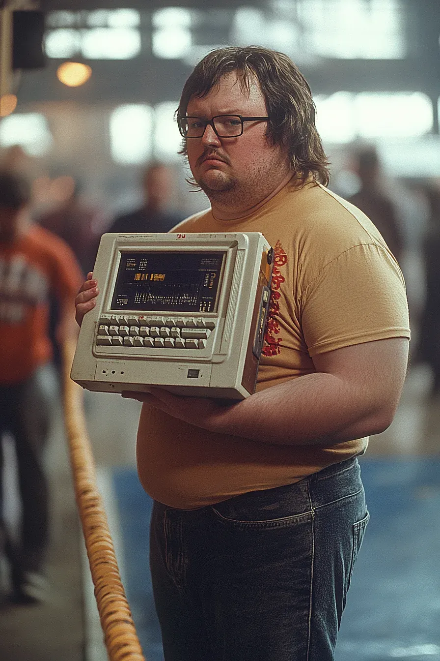 "Commodore" Chuck64 holds a vintage computer while wearing a yellow t-shirt and glasses in an arena setting.
