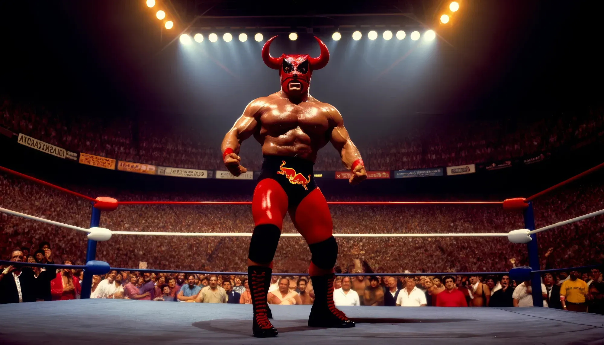 Marco Valdez in red bull mask and wrestling attire stands in lit wrestling ring facing crowd, 1979.