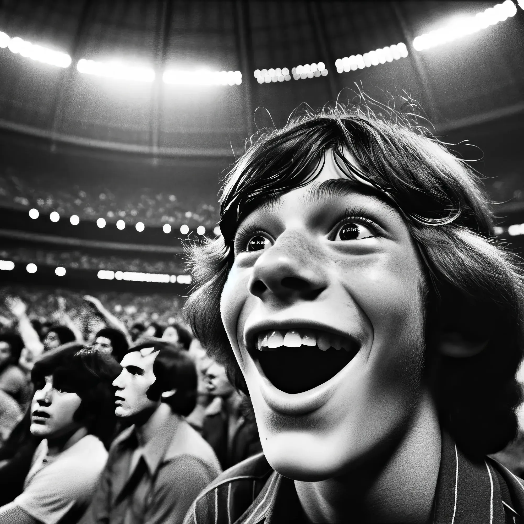 Young male wrestler with shag haircut smiling excitedly in crowded 1970s stadium under bright lights.