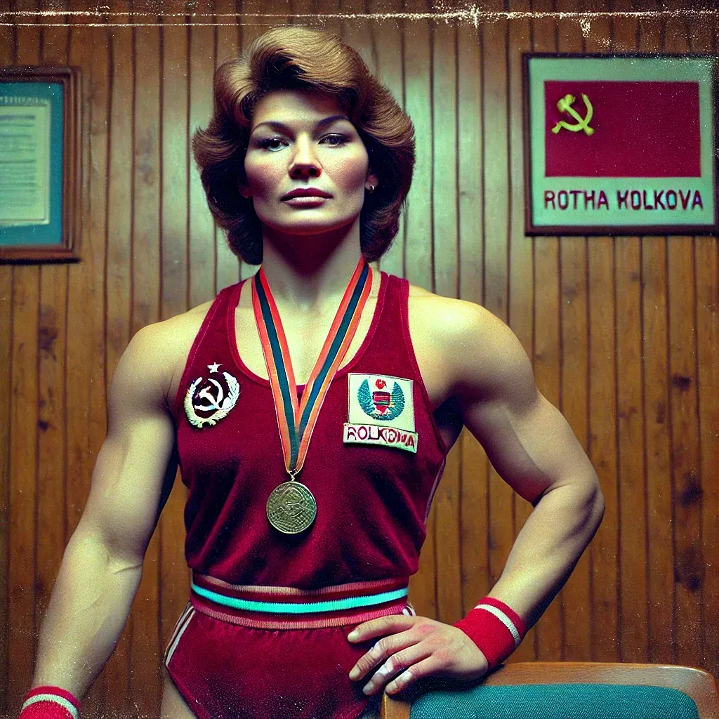 Natasha Volkova wearing red Soviet wrestling attire with medal, standing in wooden-paneled room with flag backdrop.