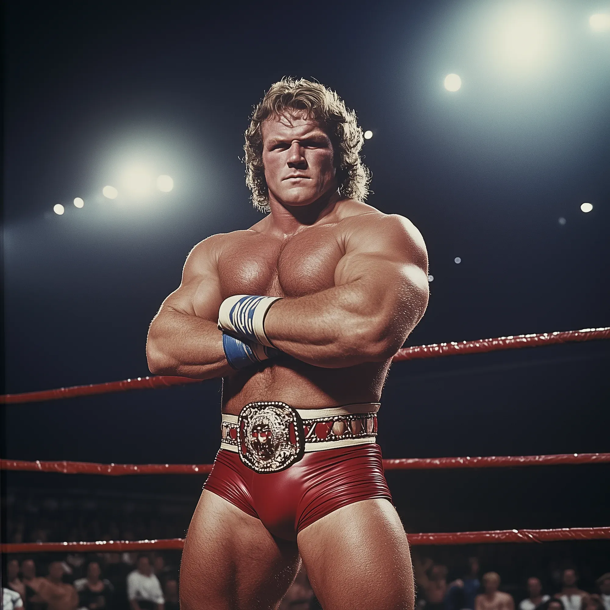 Joe Frontier stands shirtless in a wrestling ring wearing red trunks and a championship belt, arms crossed, blonde curly hair, stage lighting behind him.