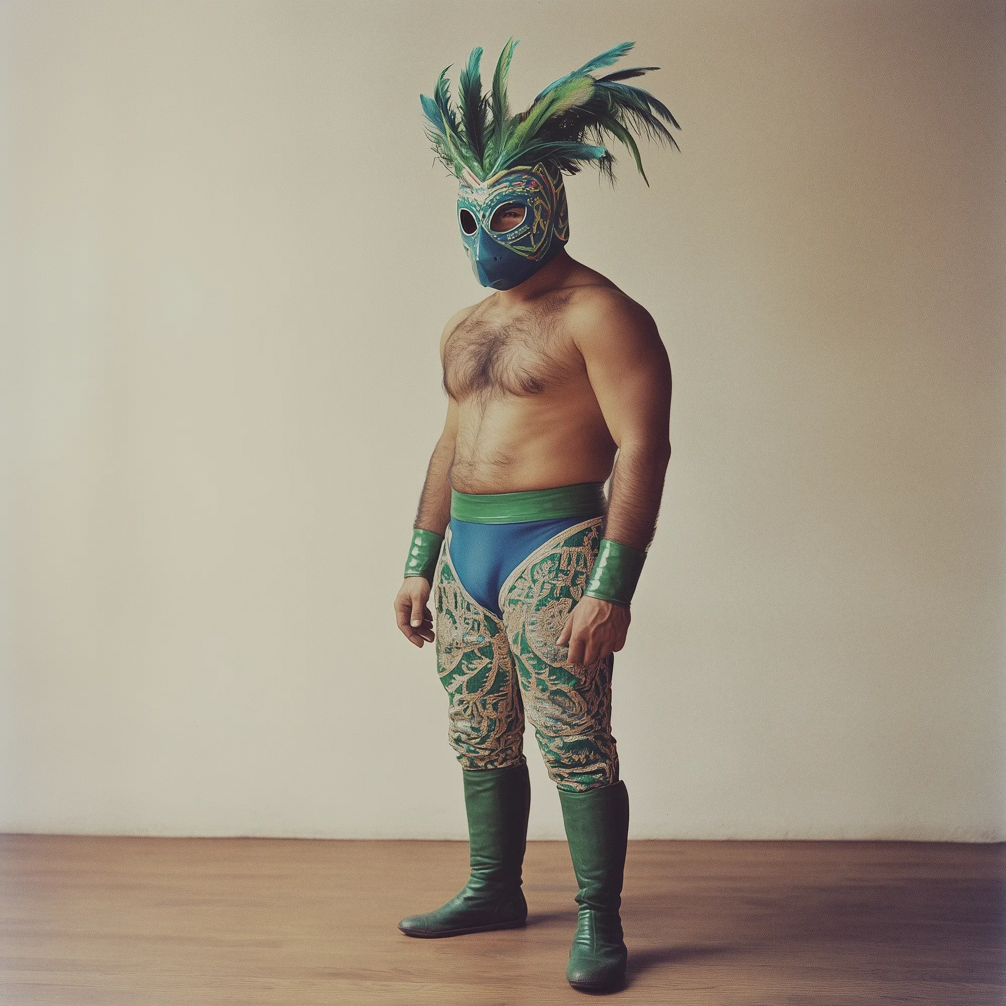 Rico Vega stands shirtless wearing a ornate feathered mask, decorative wrist wraps, patterned wrestling tights, and green boots against a neutral background.