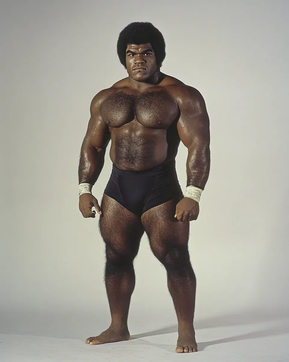 "The Volcano" Vila Fifita stands shirtless in wrestling stance with wrapped wrists against neutral background, circa 1970s.