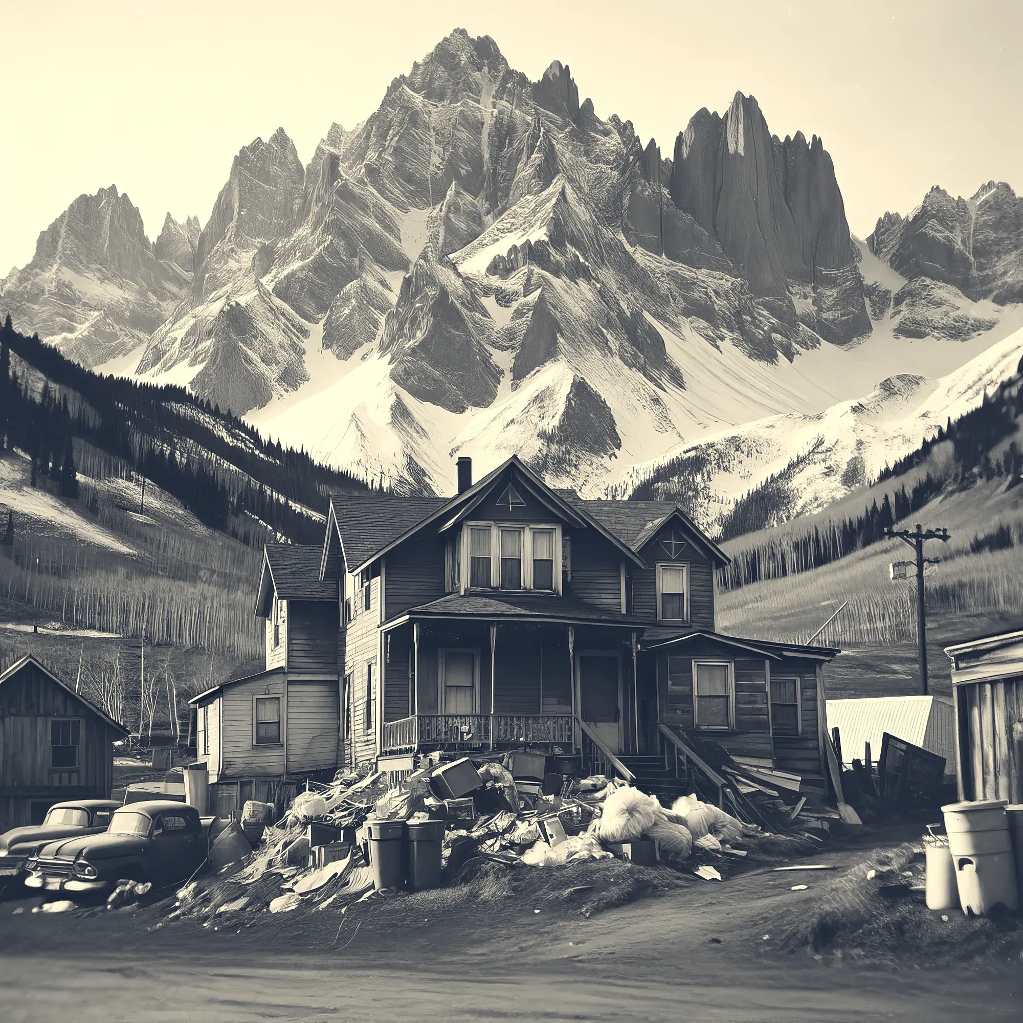 Abandoned house with scattered debris in a snow-covered valley beneath jagged mountain peaks, circa 1964.
