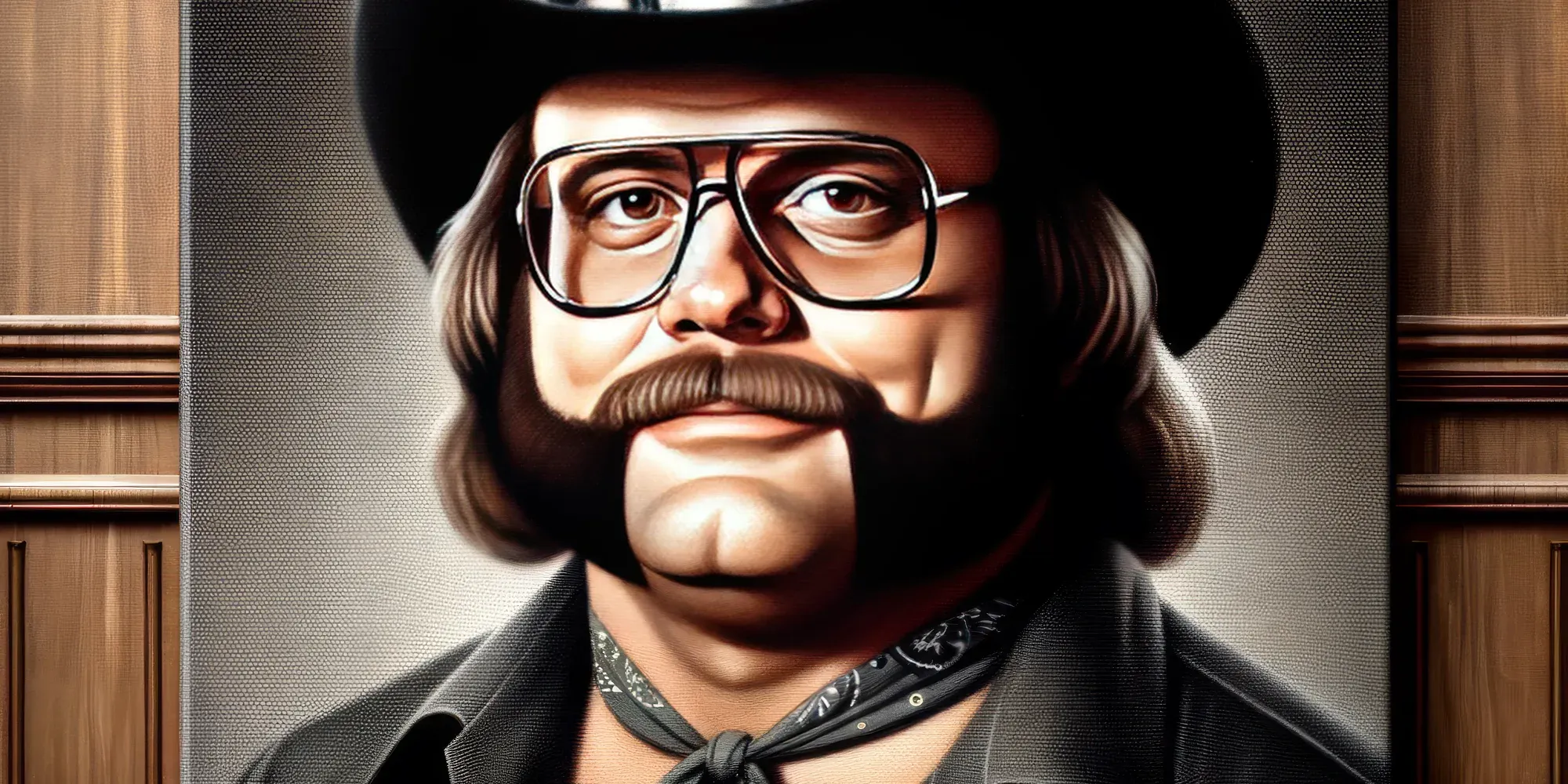 Buck "Sagebrush" Thompson portrait in black velvet wearing glasses, cowboy hat, and bolo tie against wood-paneled background.