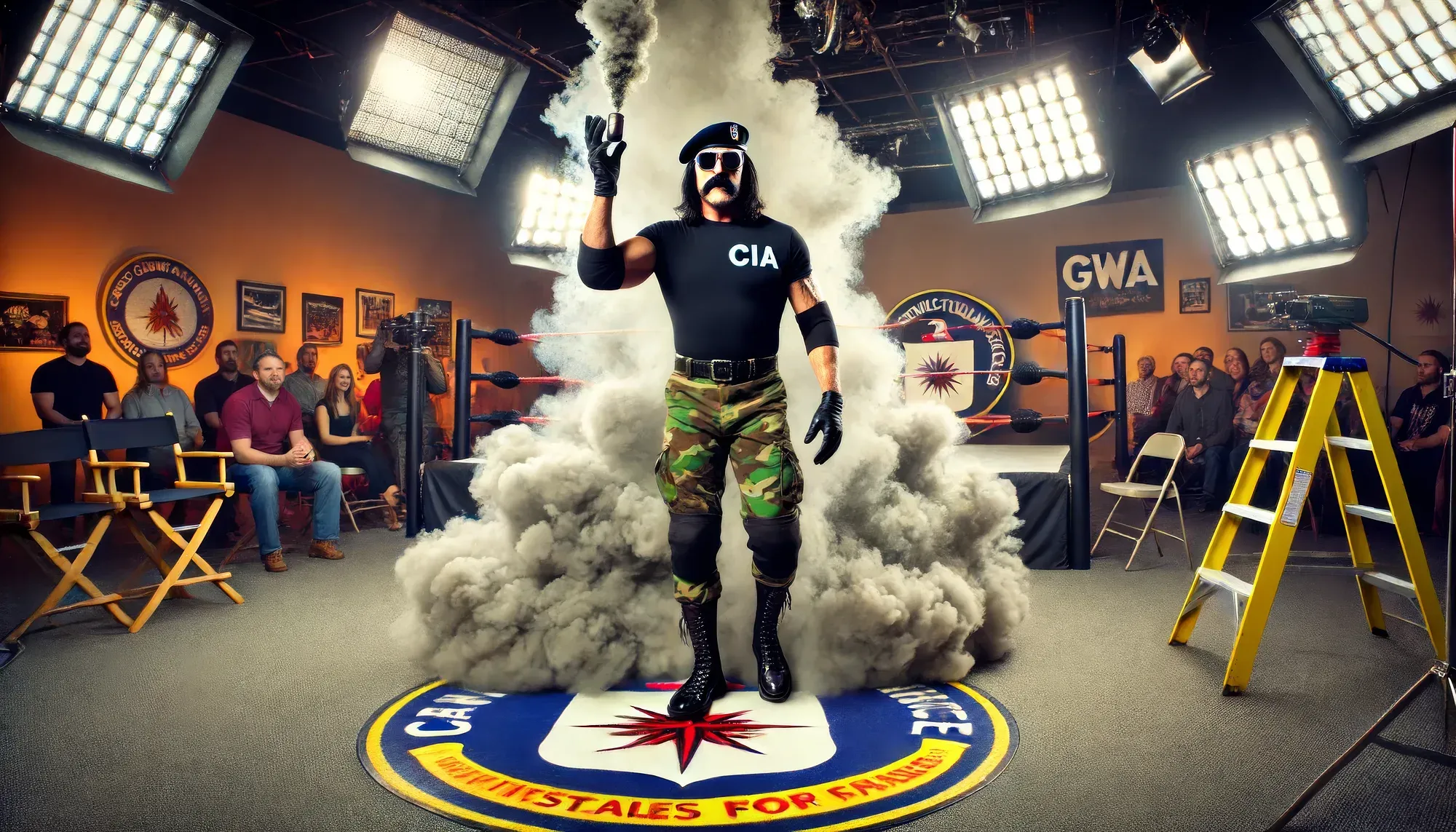 Spike Striker in black CIA shirt and camouflage pants stands on CIA seal surrounded by smoke, fist raised, in studio setting with audience.