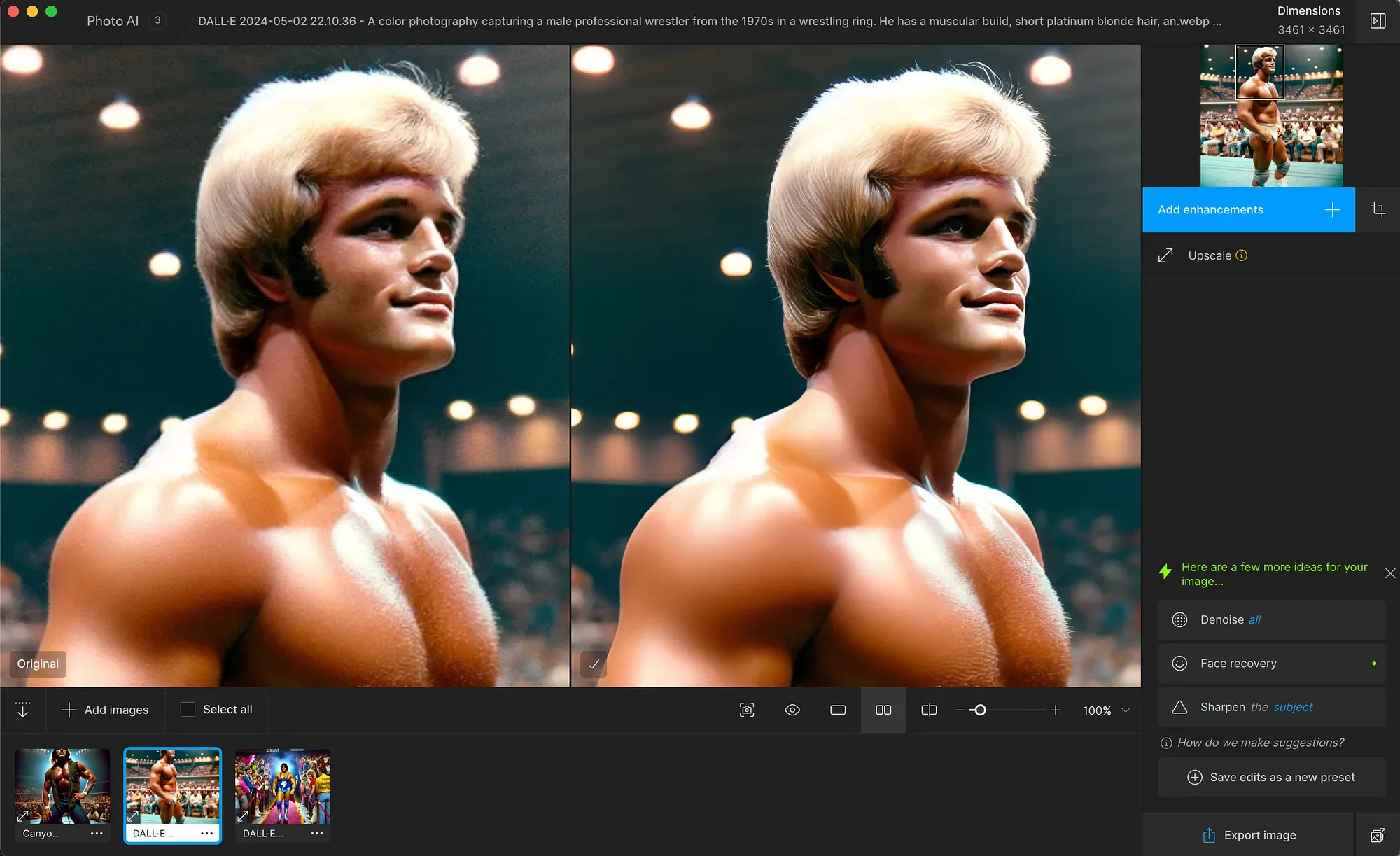 Muscular male wrestler with platinum blonde hair in 1970s wrestling ring, shirtless, looking upward with serious expression, arena lights and crowd visible in background.