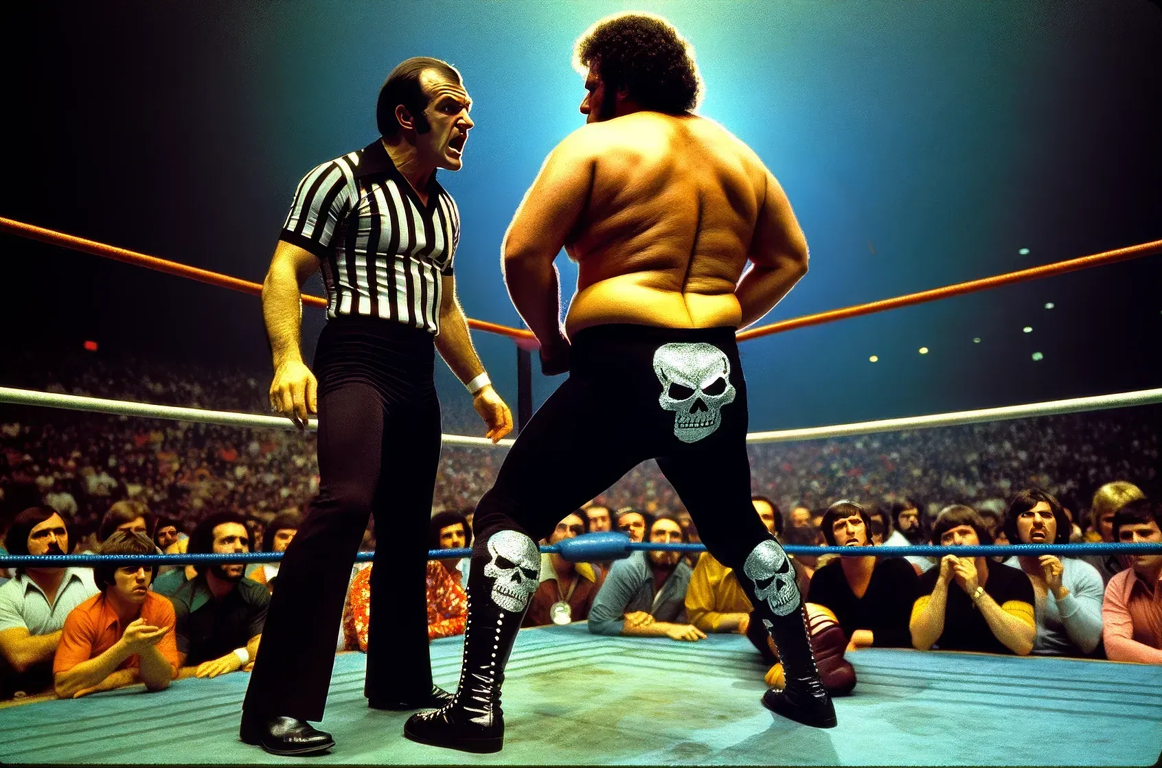 Referee in striped shirt argues with shirtless wrestler wearing skull-emblazoned tights in a packed 1970s wrestling ring.