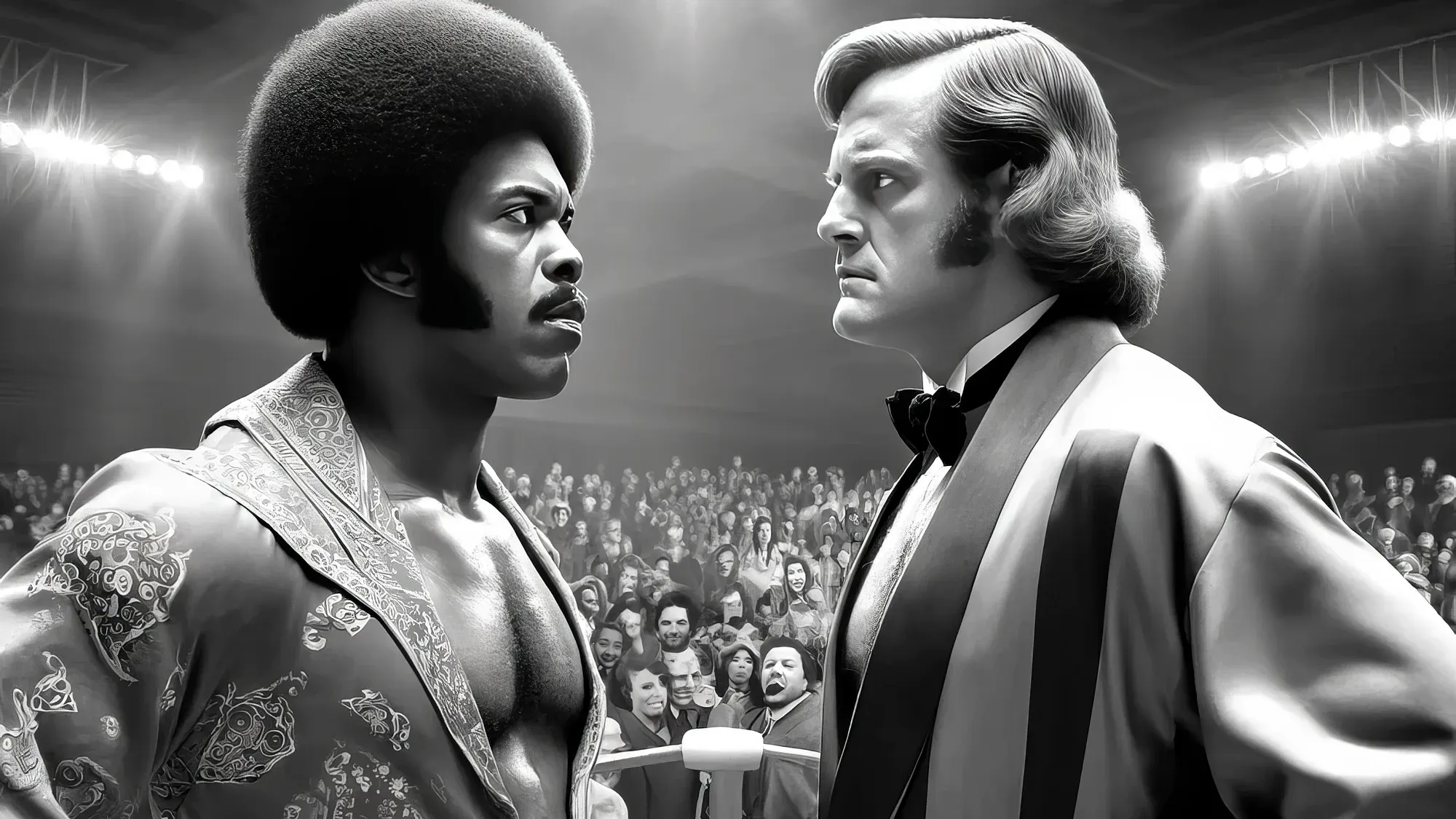 Two wrestlers face off in a ring under bright lights before a crowded audience, one wearing an ornate patterned robe, the other in a formal jacket with bow tie.