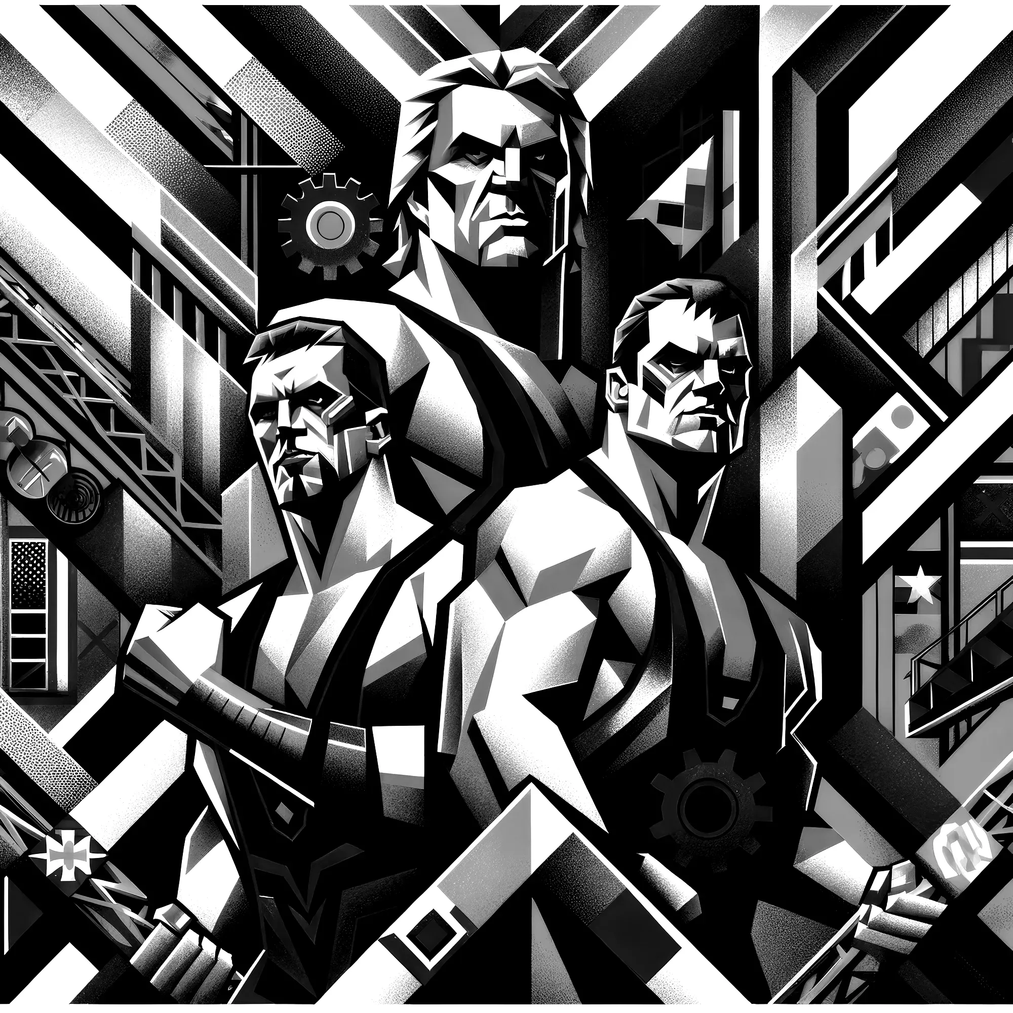 Black and white promotional poster featuring three muscular wrestlers in industrial-themed costumes with geometric patterns and gears, posed against angular architectural backdrop.