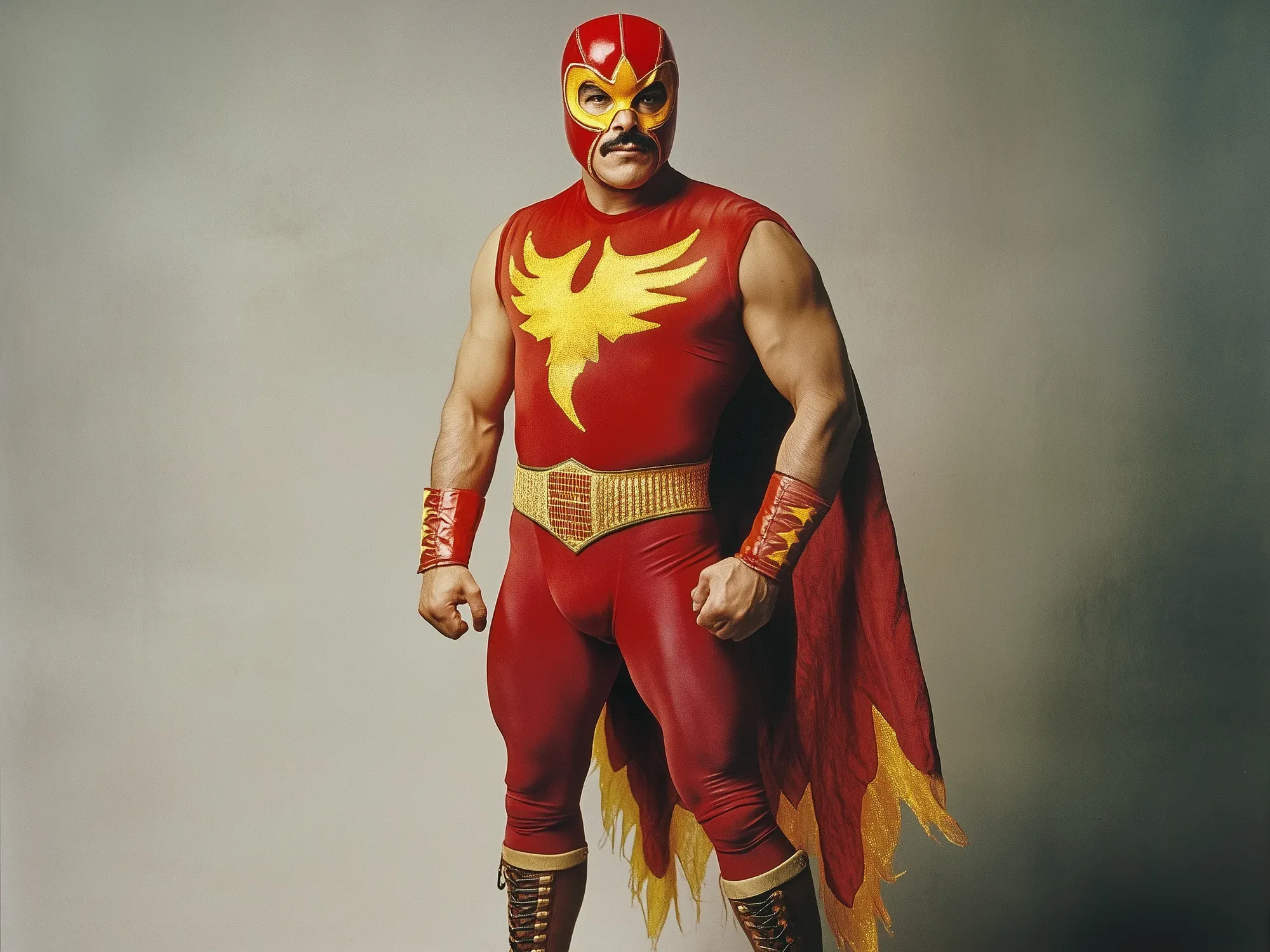 Carlos Mendoza in red and gold El Halcón Ardiente wrestling costume with mask, cape, and belt, standing against neutral background.