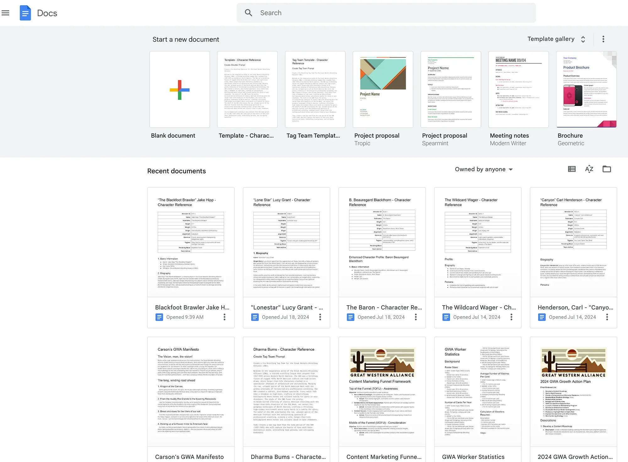 Google Docs home screen displaying templates and recent character reference documents for wrestling personas.