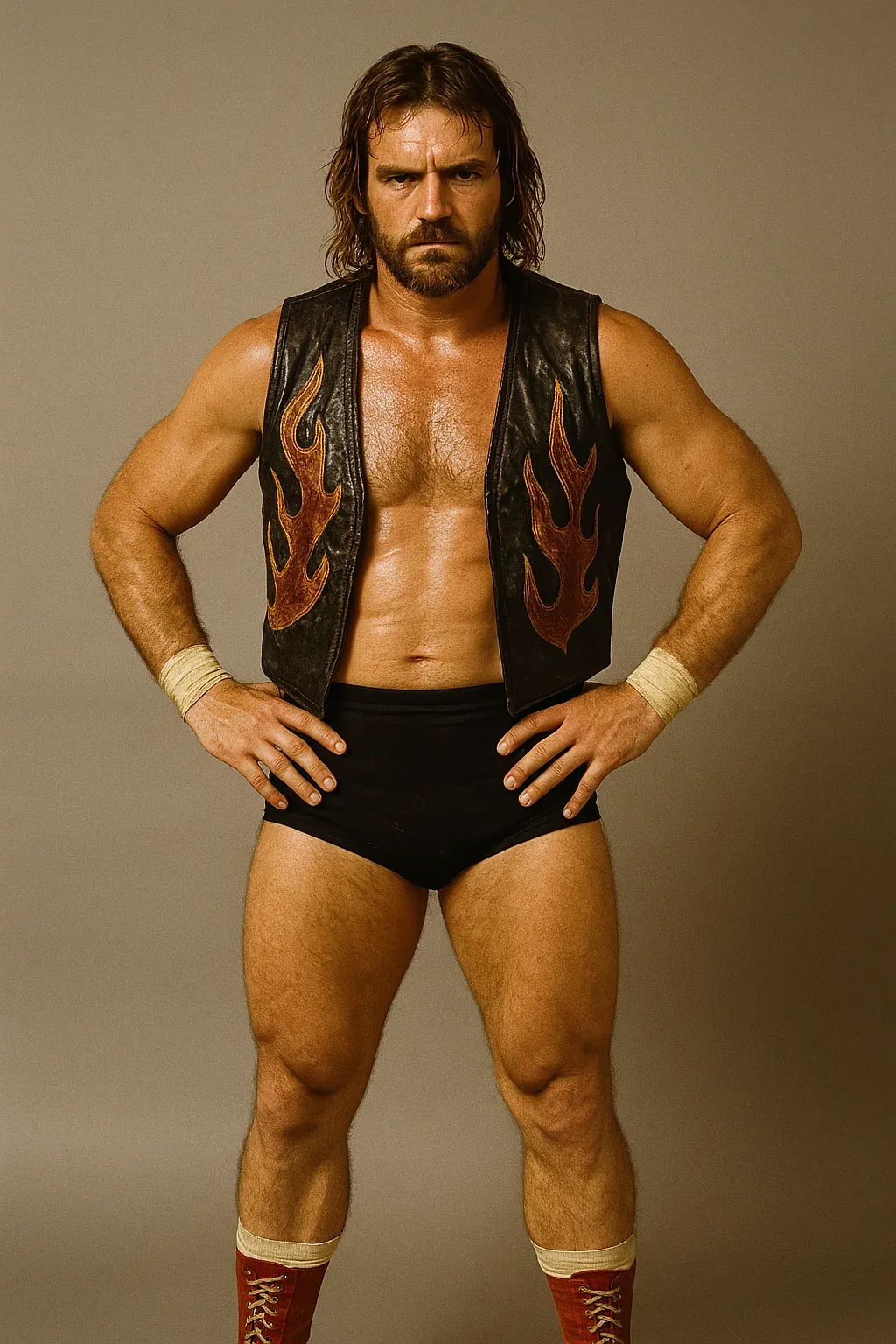 Jackie Burns stands in wrestling pose wearing a black leather vest with flame designs, black briefs, and red lace-up boots against a neutral background.