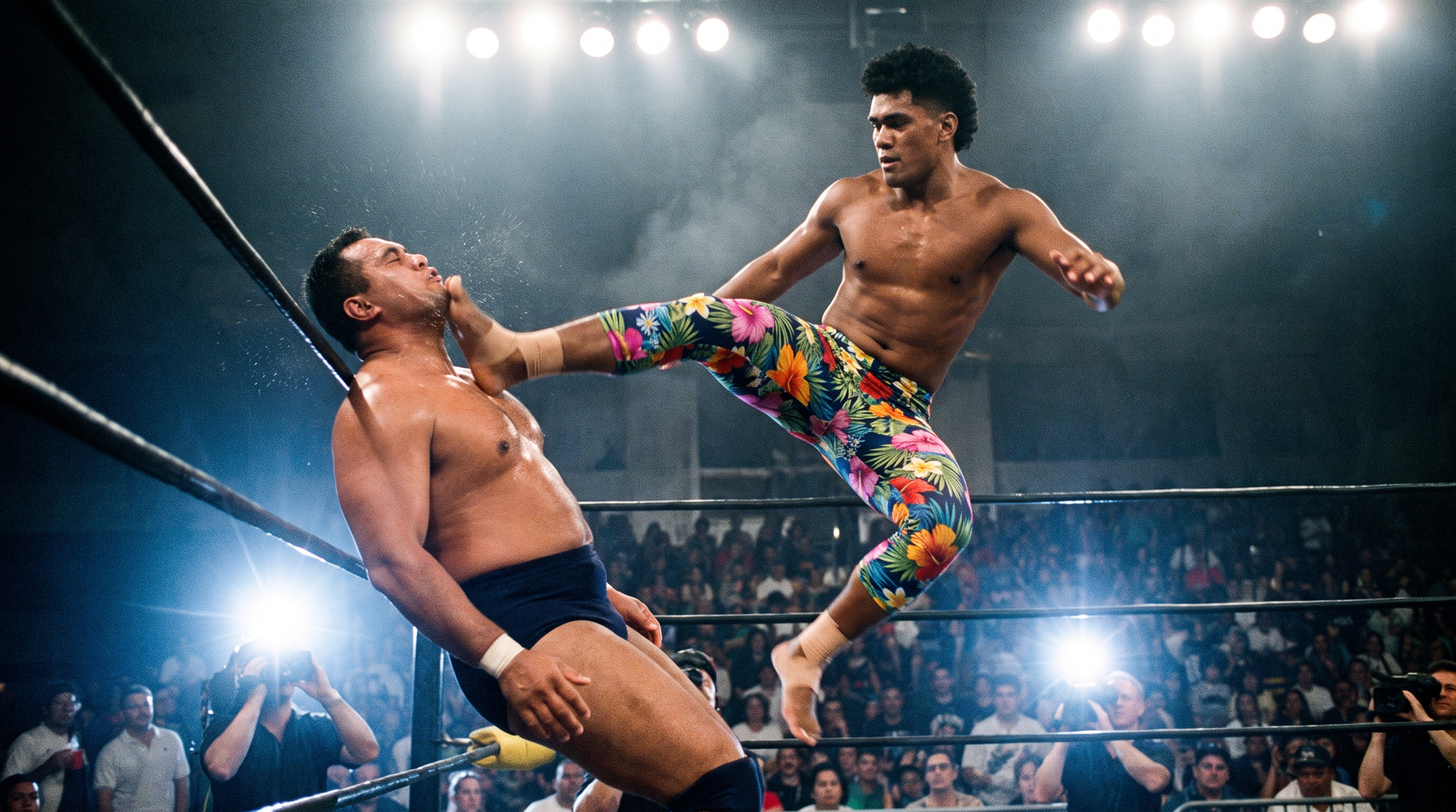 Kalani Koa, mid-air in floral calf-length tights and bare feet, lands a leaping crescent kick on a larger opponent against the ring ropes in front of a packed arena crowd