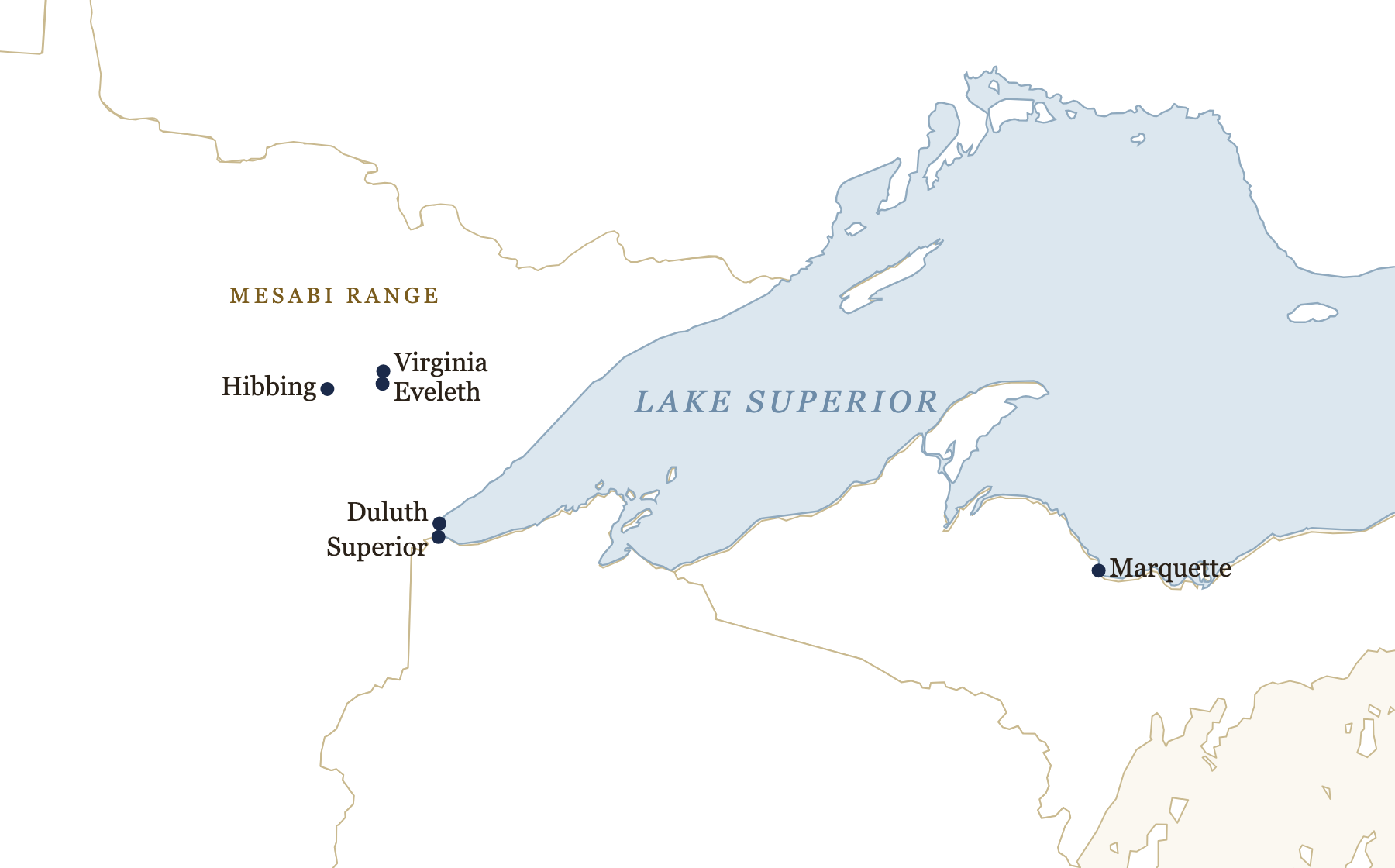 Map of the western end of Lake Superior showing Duluth, Superior, the Mesabi Range ore towns of Hibbing, Virginia and Eveleth, and Marquette on the Michigan shore