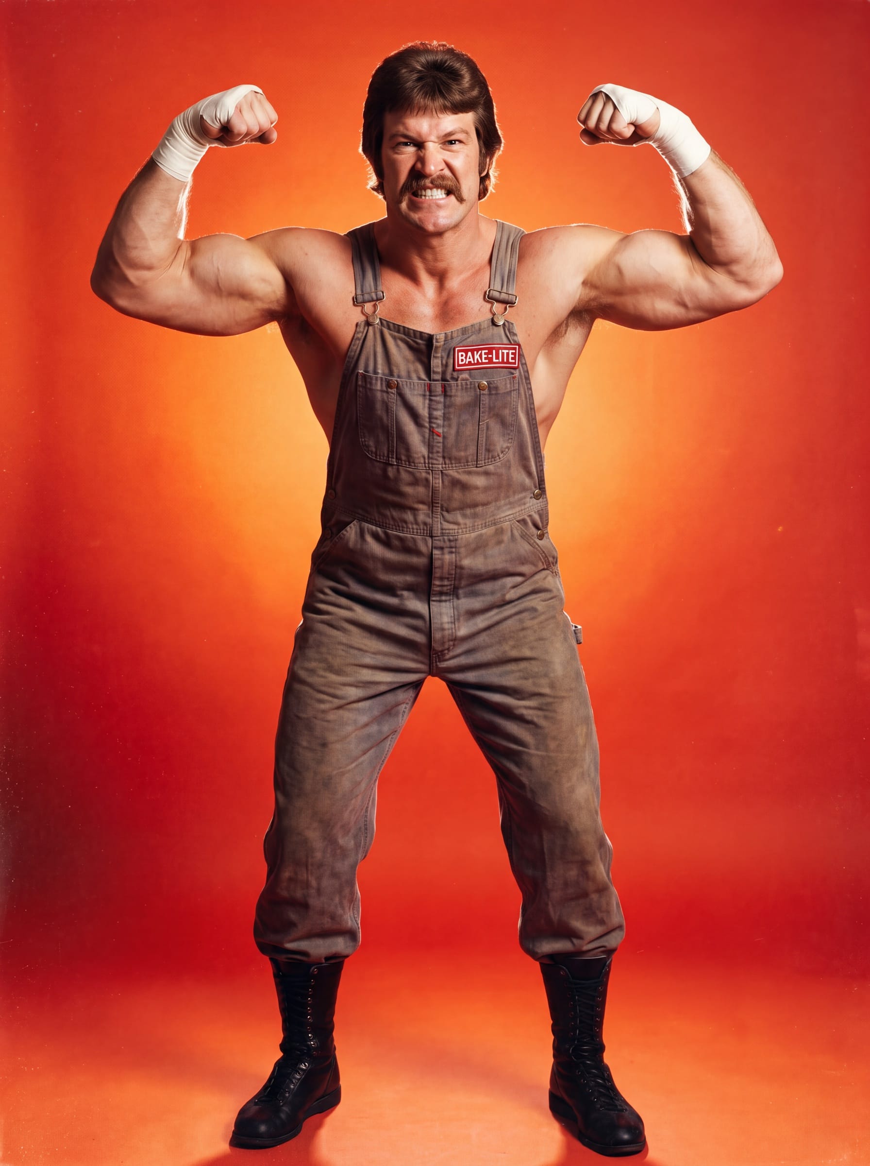 Billy Larson, a thickset wrestler with feathered brown hair and a heavy mustache, flexing both arms in faded denim bib overalls with a red BAKE-LITE patch, hands and wrists taped, against an orange studio backdrop.
