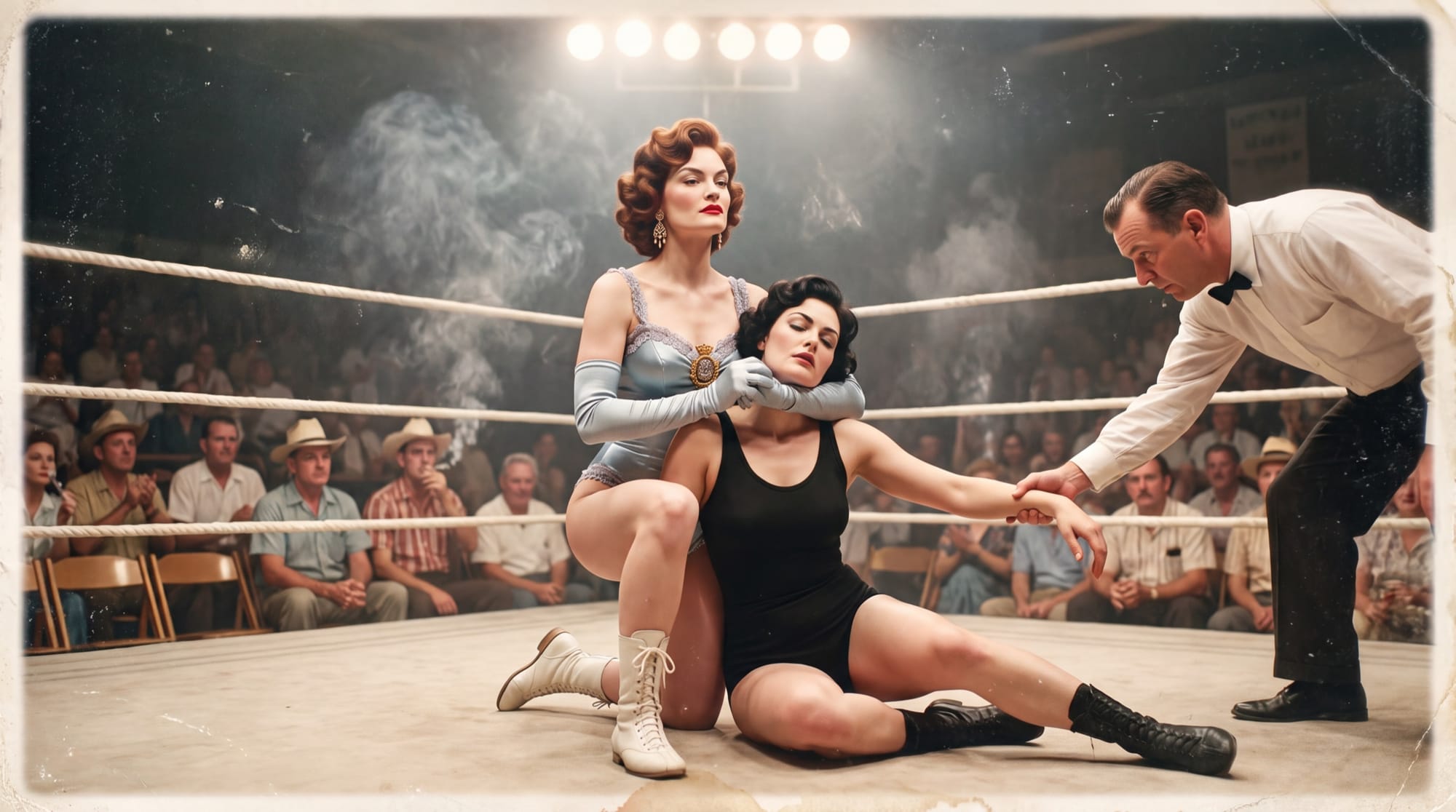 Emily Beaumont, in powder-blue satin and long gloves, holds a dark-haired opponent in a sleeper as the referee checks her arm in a smoky Texas auditorium, early 1960s.