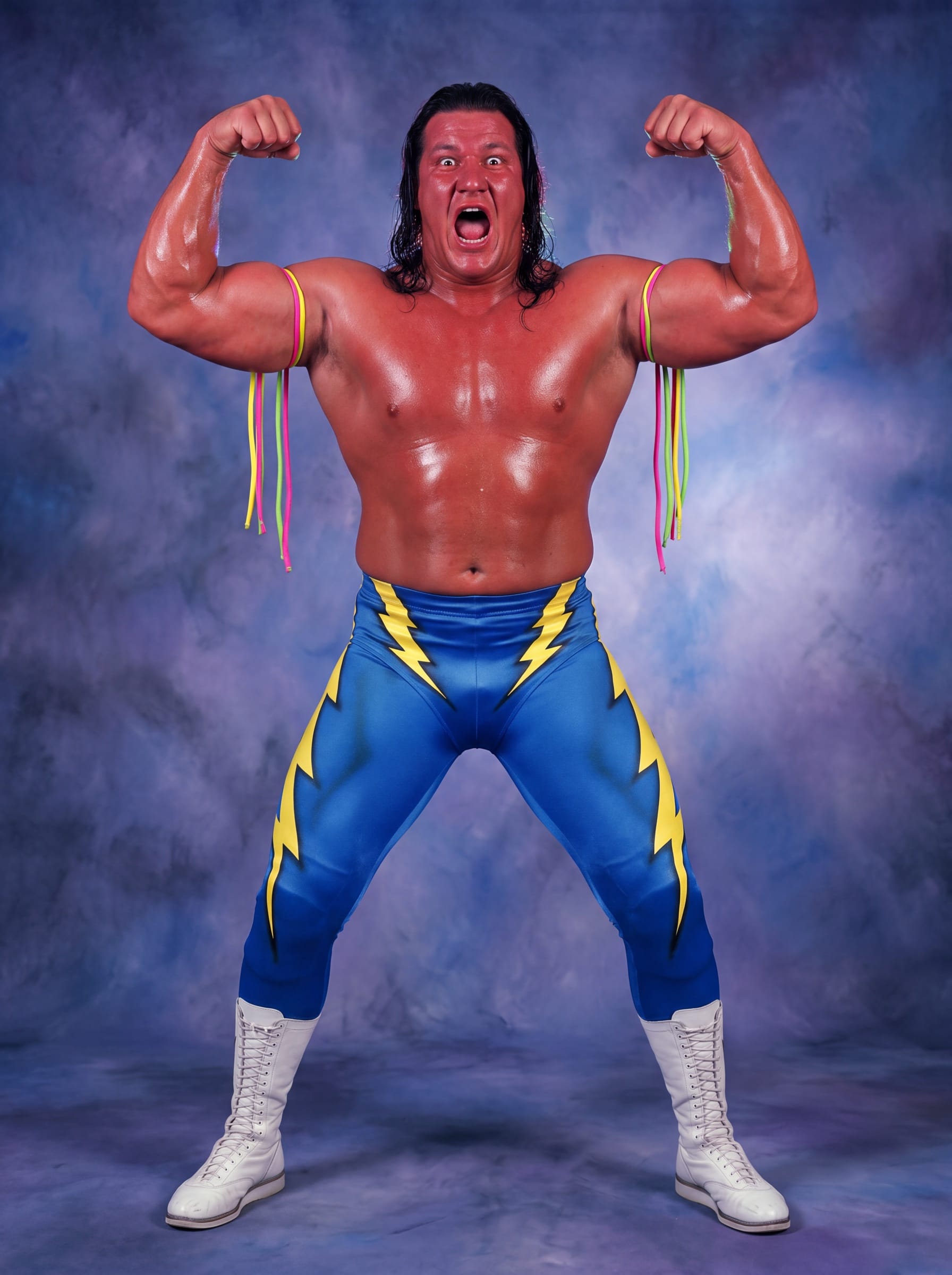 Vinnie Voltage, a red-tanned bodybuilder with slicked-back hair, neon arm tassels and electric-blue lightning-bolt tights, hitting a double-biceps pose and screaming at the camera.