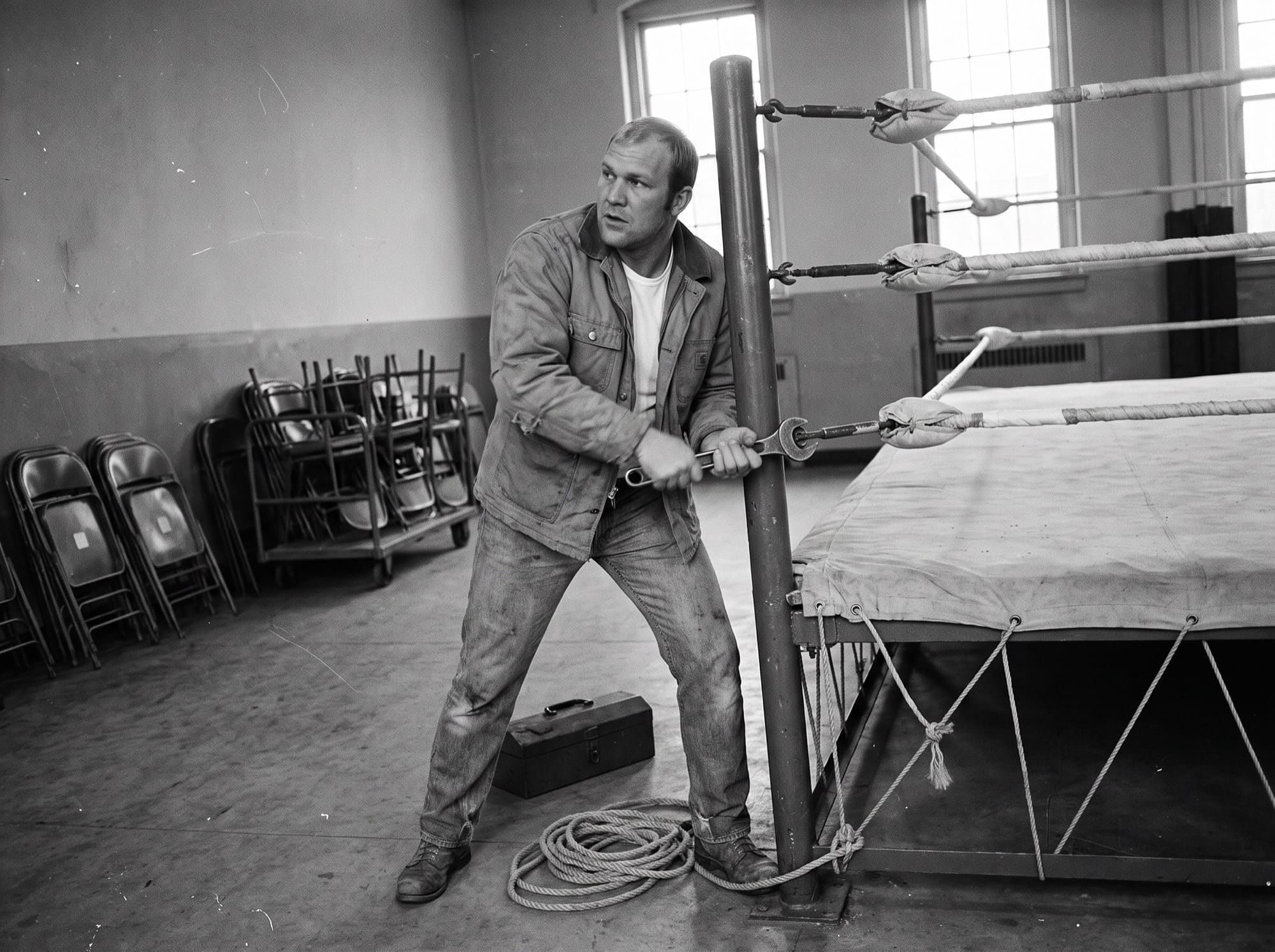 Wendell Briggs in a work jacket and jeans tightens a turnbuckle with a long wrench at the corner of an unfinished ring in an empty armory, 1972.