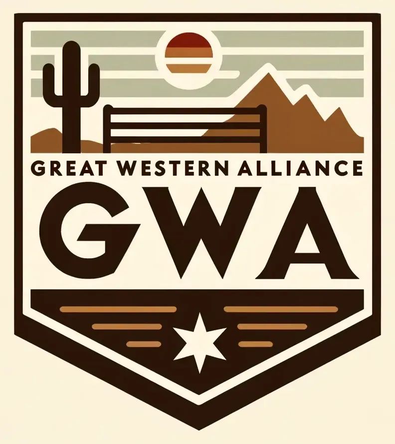 GWA logo featuring a saguaro cactus, desert mountains, sunset, and a lone star on a brown and cream shield.