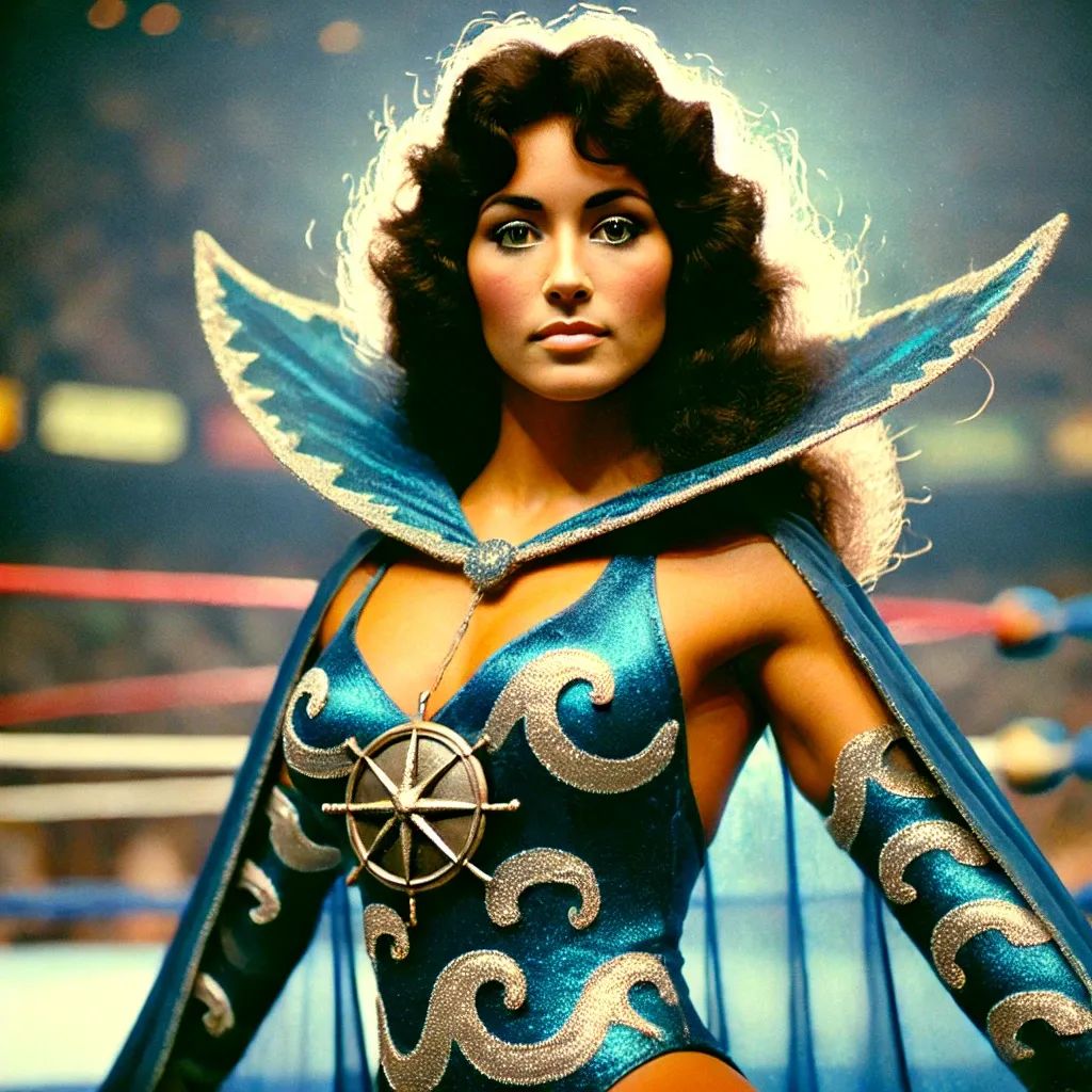 Sapphire Seabrook in blue sequined wrestling attire with gold trim, winged cape collar, and ship's wheel emblem, posed against a wrestling ring backdrop.