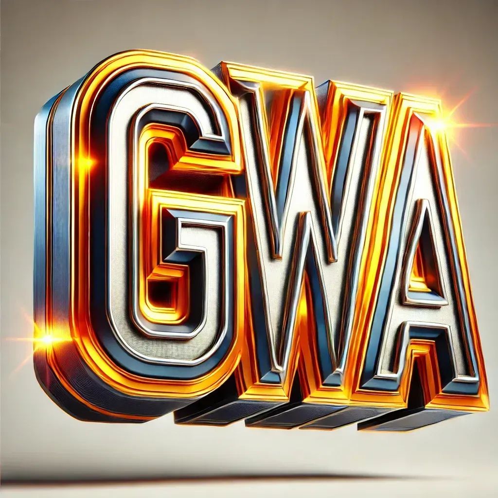3D rendered neon-style glowing letters spelling "GWA" in gold and white with shadowed depth effect.