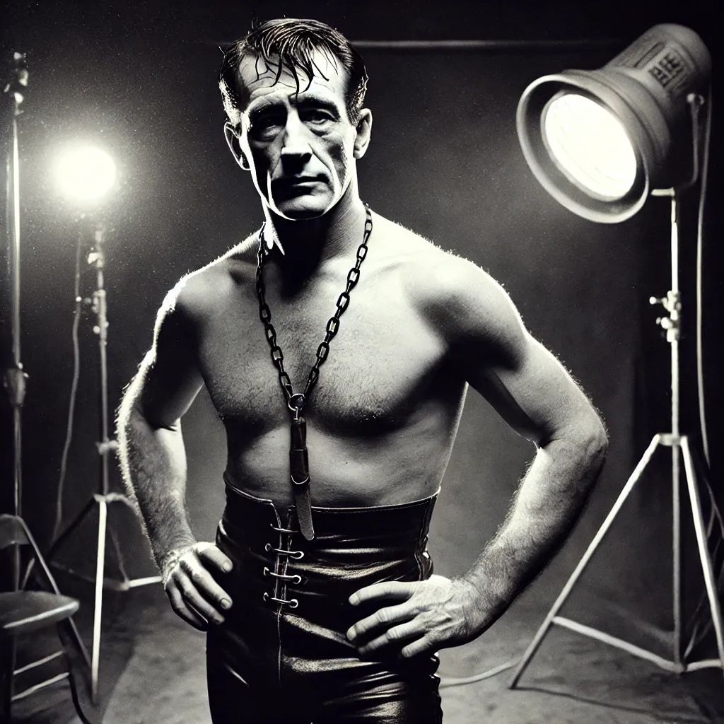 Jeffrey Donner shirtless wearing chain and leather belt in studio lighting setup, hands on hips, stern expression.