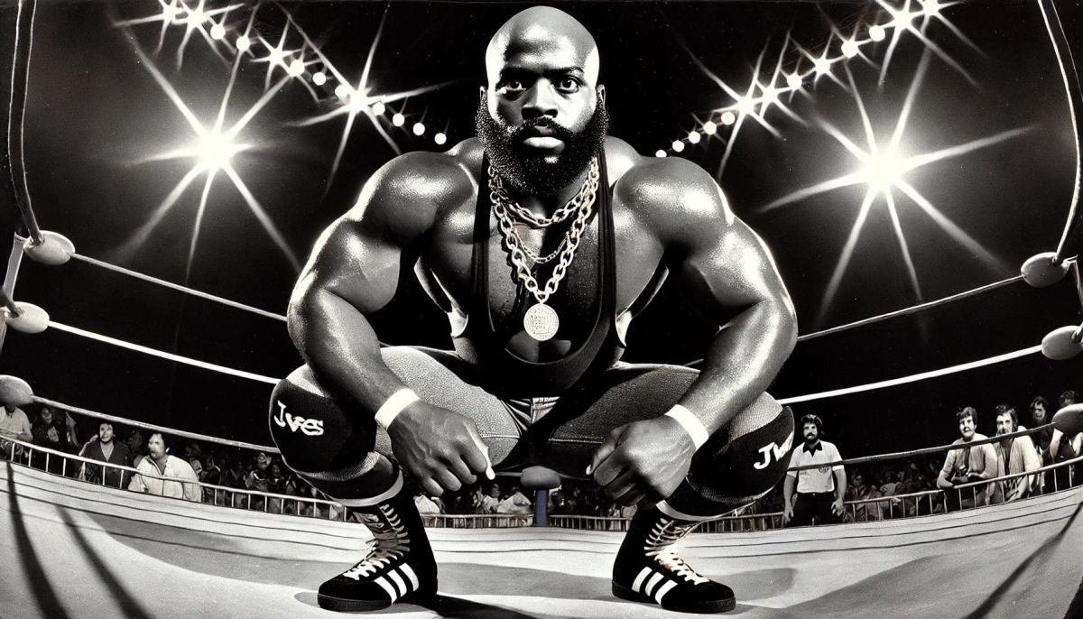 Jive Jackson crouches in a wrestling ring wearing a chain necklace and black wrestling attire, with dramatic overhead lighting illuminating the scene.