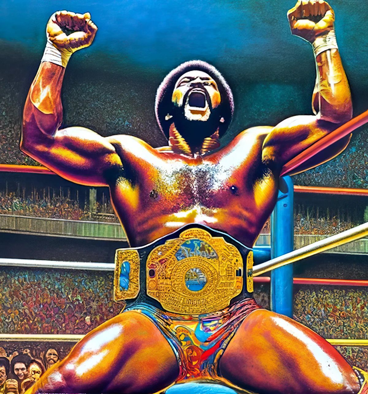 Harlem Hurricane James Washington celebrates in a wrestling ring wearing a gold championship belt, fists raised, surrounded by a cheering crowd.