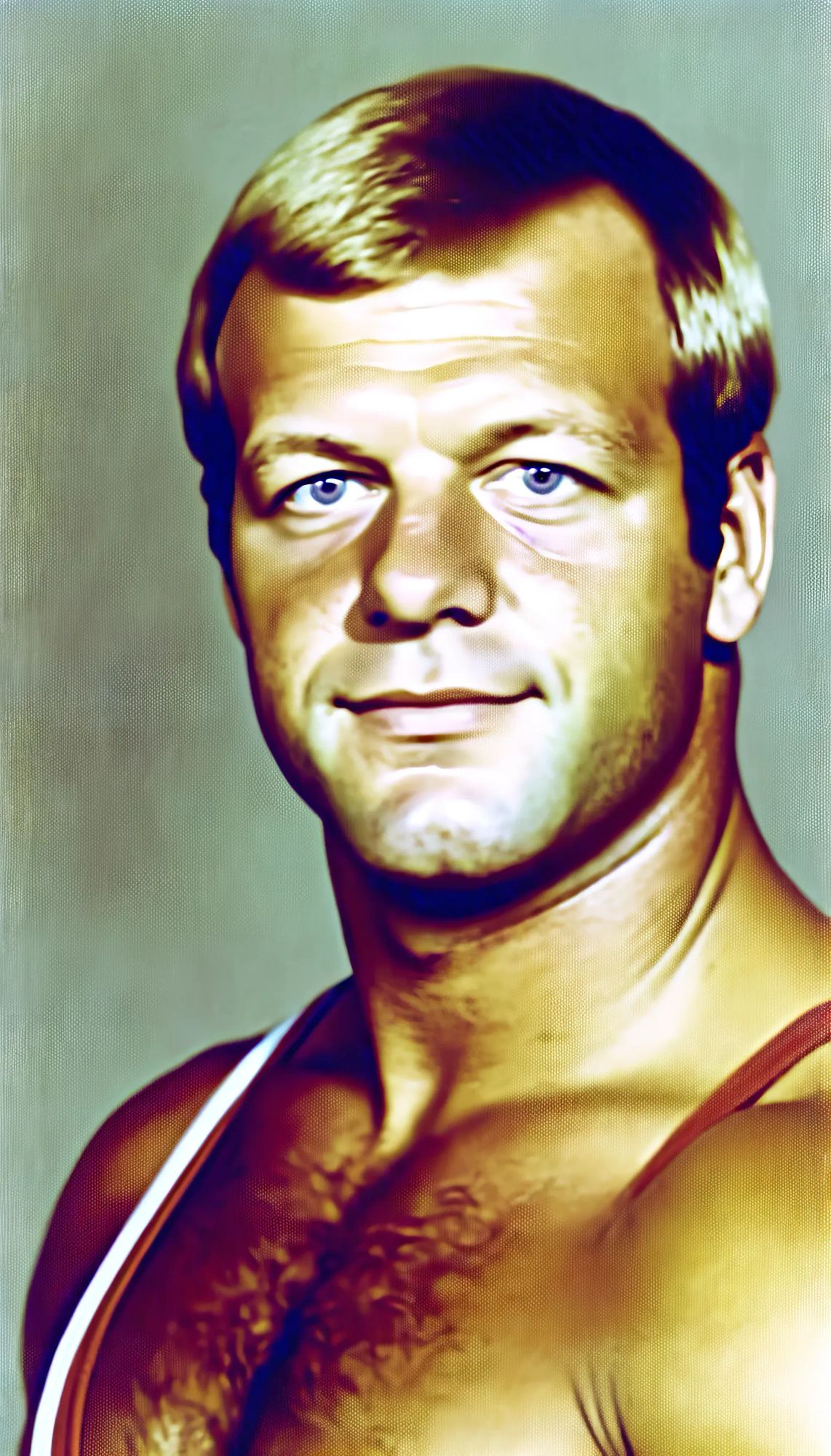 "Steel Hammer" Hank Roberts in a professional wrestling portrait wearing a red and white singlet against a green background.