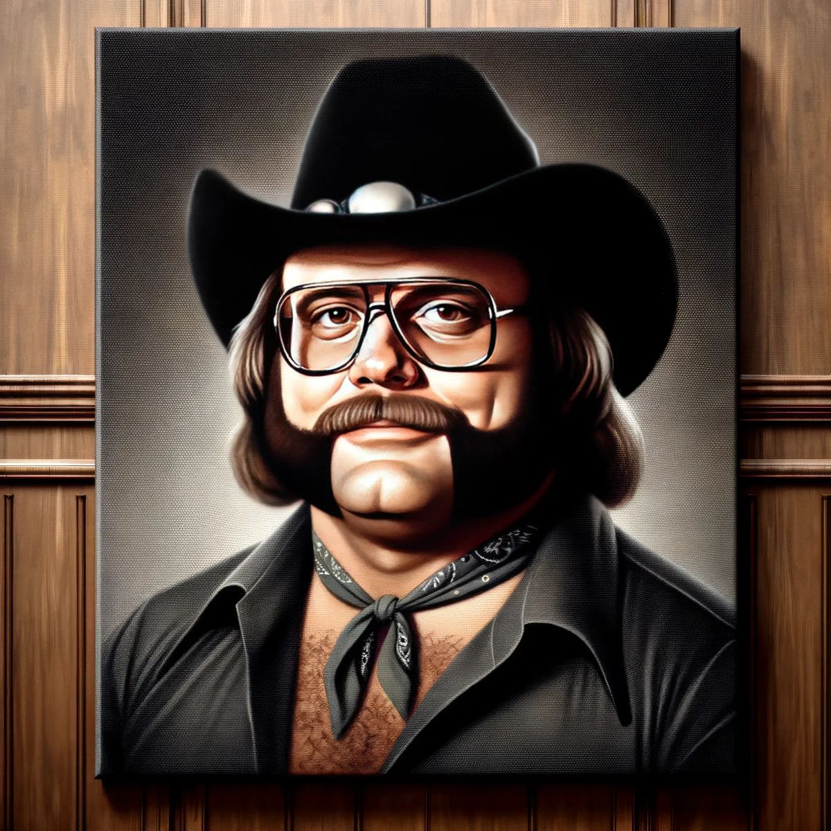 Buck "Sagebrush" Thompson wears a black cowboy hat, glasses, and dark shirt with bandana, depicted in a vintage wrestling portrait style.