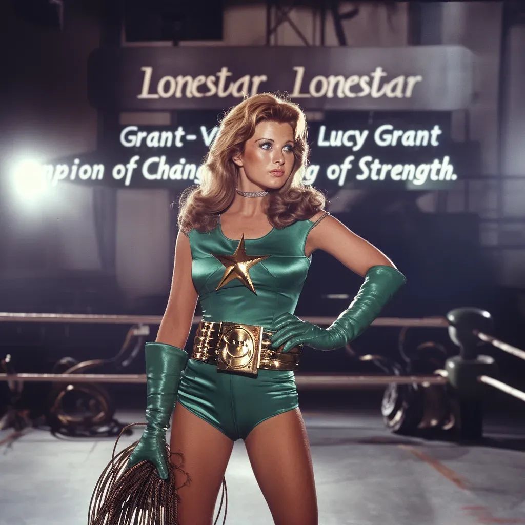 "Lonestar" Lucy Grant in green satin wrestling costume with star emblem, gold belt, and long gloves, posed in a wrestling ring.
