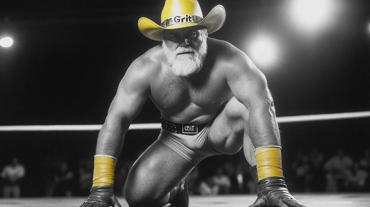 "Grit" Garrett Carter in wrestling ring wearing yellow cowboy hat, black belt, and wrist tape, in crouched stance.