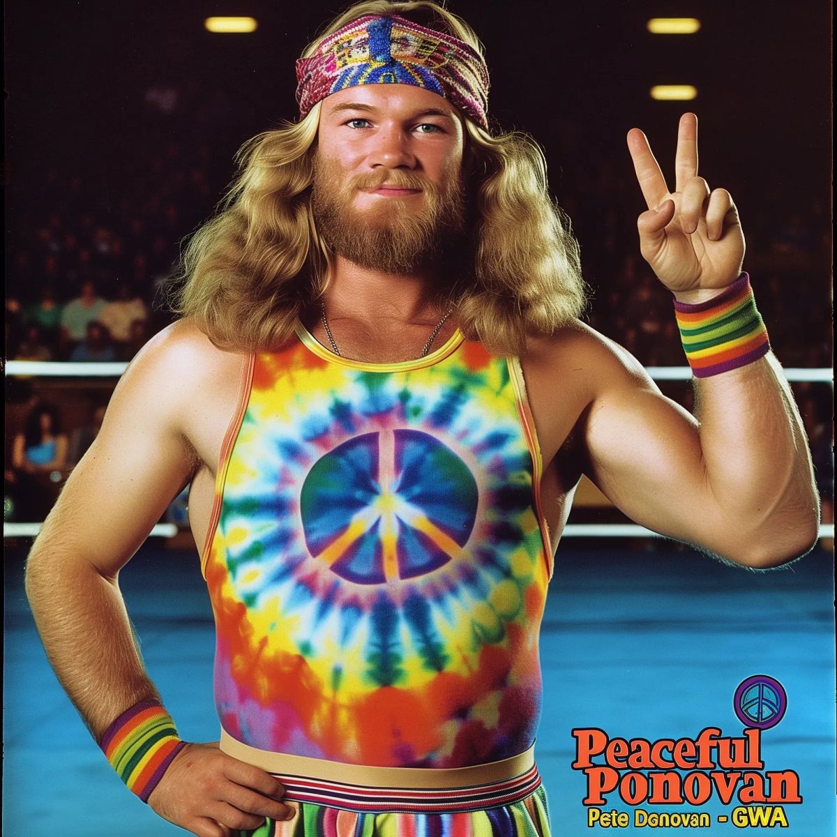Pete Donovan in tie-dye peace symbol singlet and headband, making peace sign in wrestling ring.