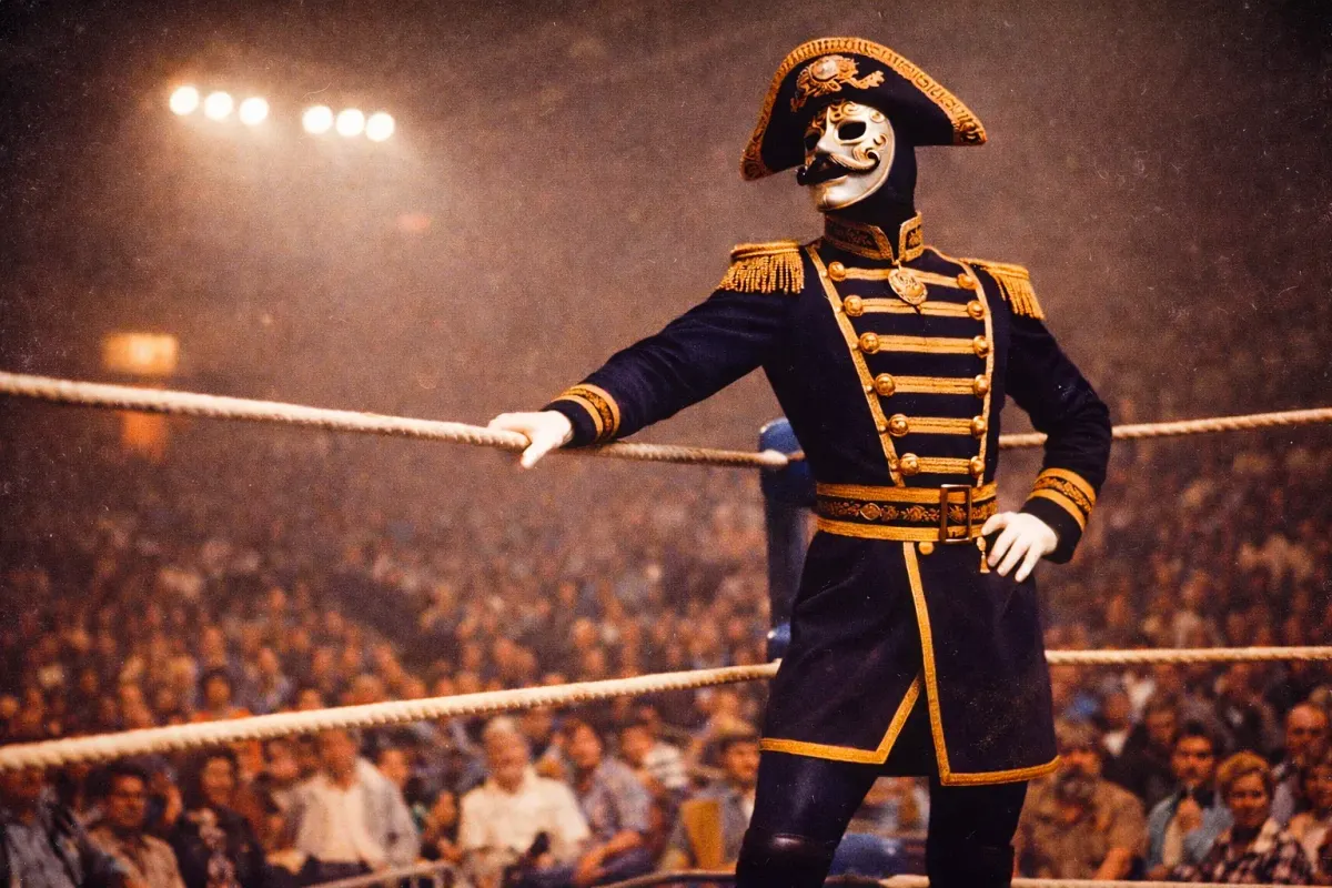 Masked wrestler in ornate military-style navy and gold jacket standing in wrestling ring before crowded arena.