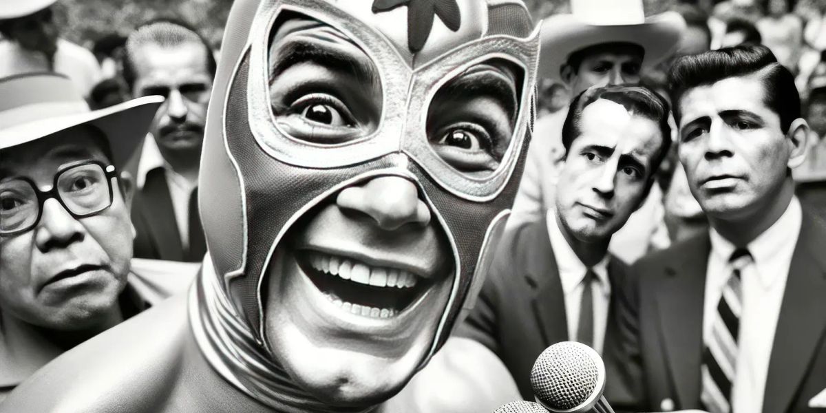 Masked wrestler in ornate luchador mask with exaggerated grin, surrounded by men in suits and cowboy hats, holding microphone.