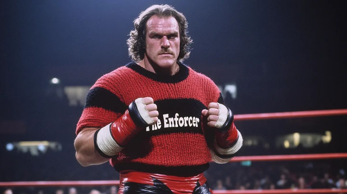 Jacques LeBlanc stands in a wrestling ring wearing red and black striped sweater and red boxing gloves, assuming a fighting stance.