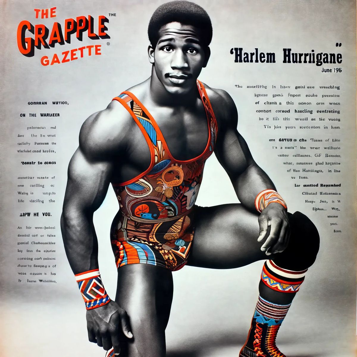 Harlem Hurricane in colorful red and blue wrestling attire with decorative belt, posed against neutral background in 1956.