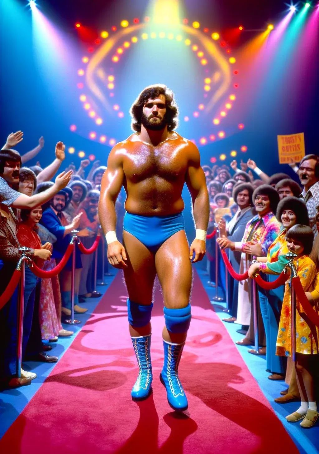 Titan Tom Maxwell stands on a pink runway in blue wrestling trunks and boots, flexing before a cheering crowd under colorful stage lights.