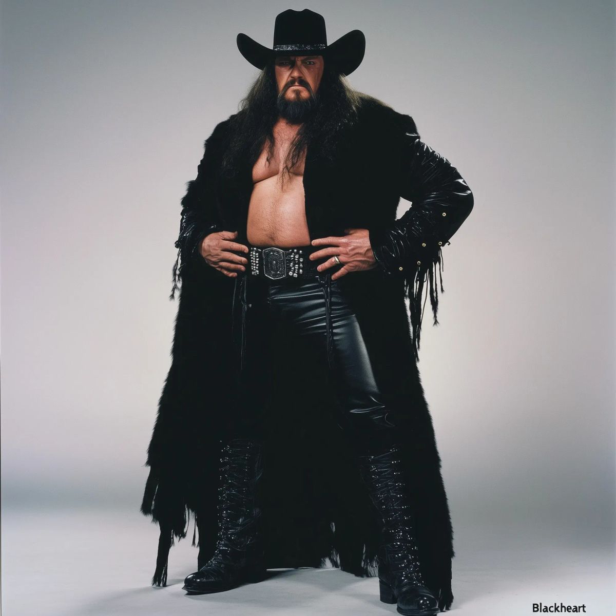 Brad Boone "The Blackheart" stands in a wrestling stance wearing a black cowboy hat, long fringed coat, studded belt, and leather pants against a neutral background.